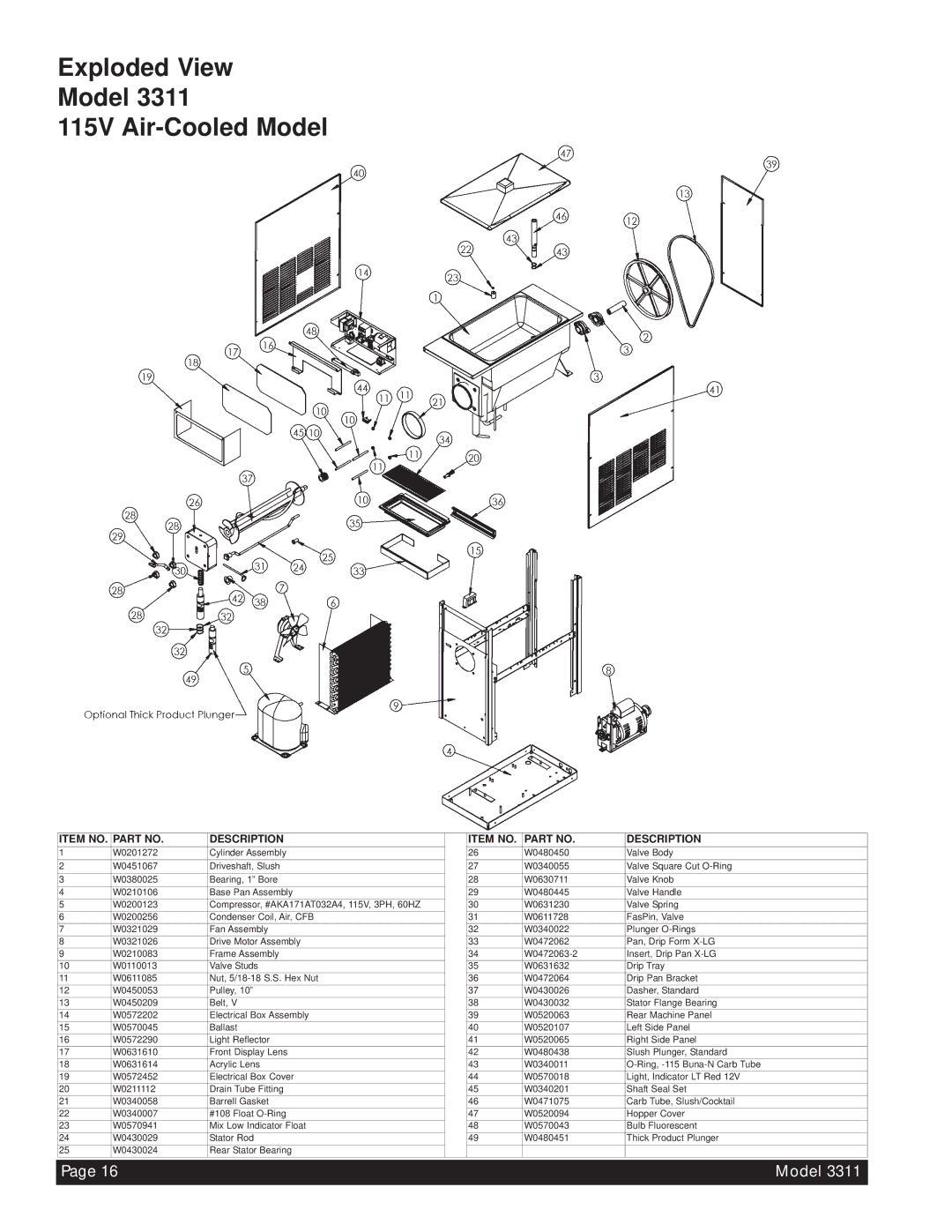 Beverage-Air 3311 manual Exploded View Model 115V Air-Cooled Model, Item no Description 