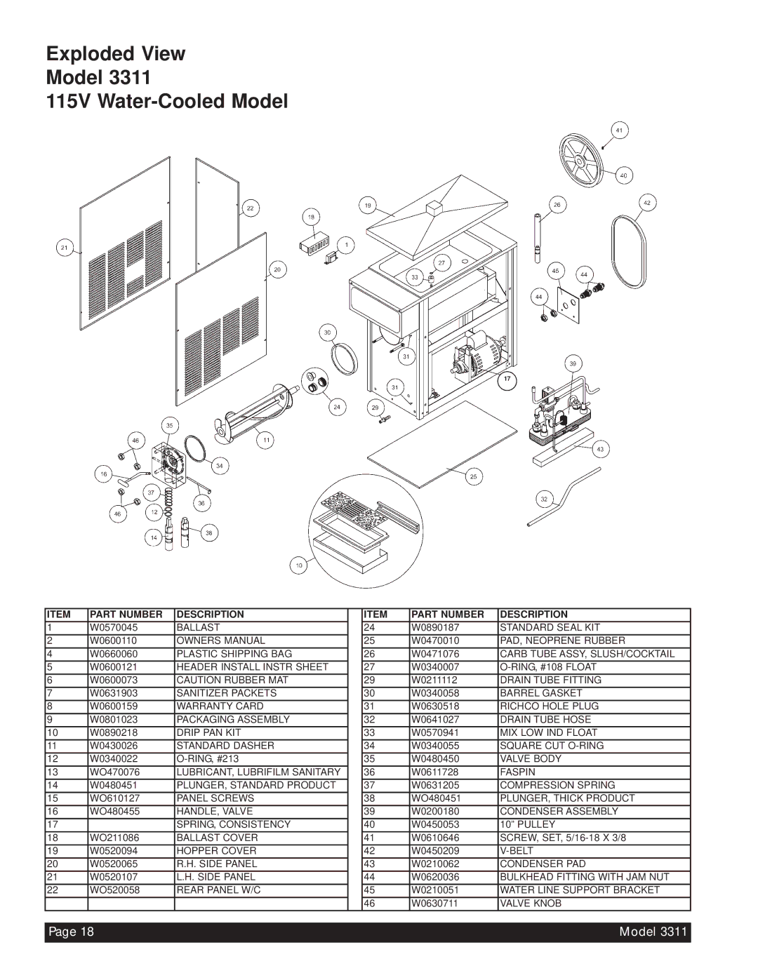 Beverage-Air 3311 manual Exploded View Model 115V Water-Cooled Model 