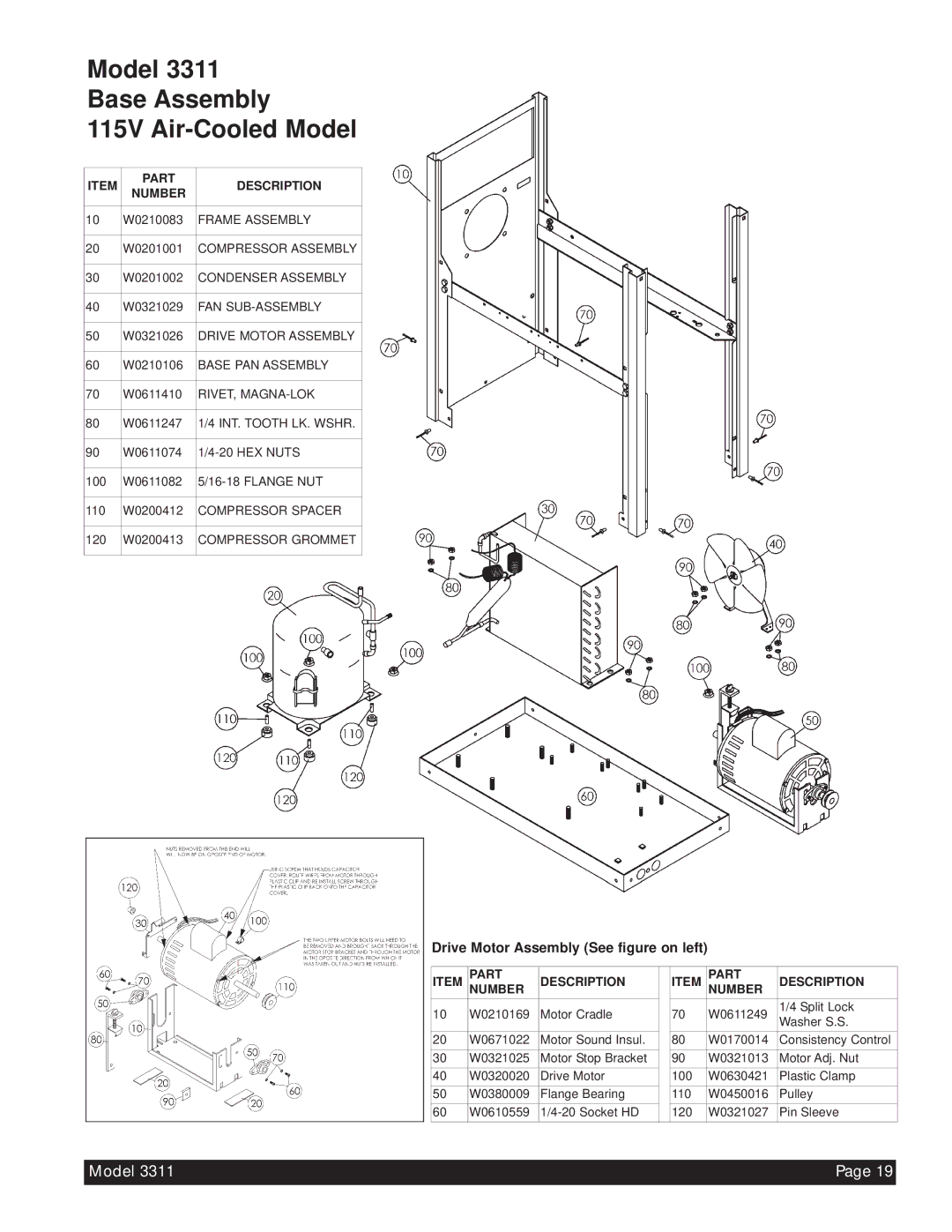 Beverage-Air 3311 manual Model Base Assembly 115V Air-Cooled Model, Part Description Number 