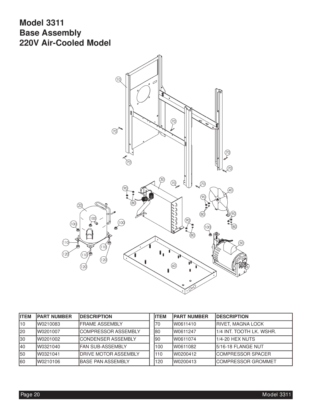 Beverage-Air 3311 manual Model Base Assembly 220V Air-Cooled Model, Part Number Description 