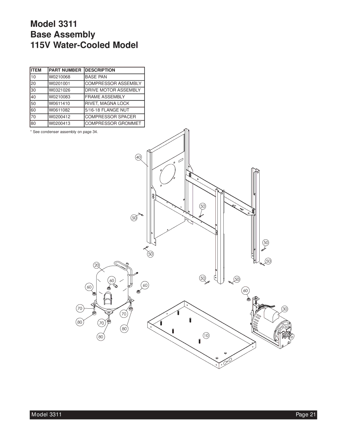 Beverage-Air 3311 manual Model Base Assembly 115V Water-Cooled Model 