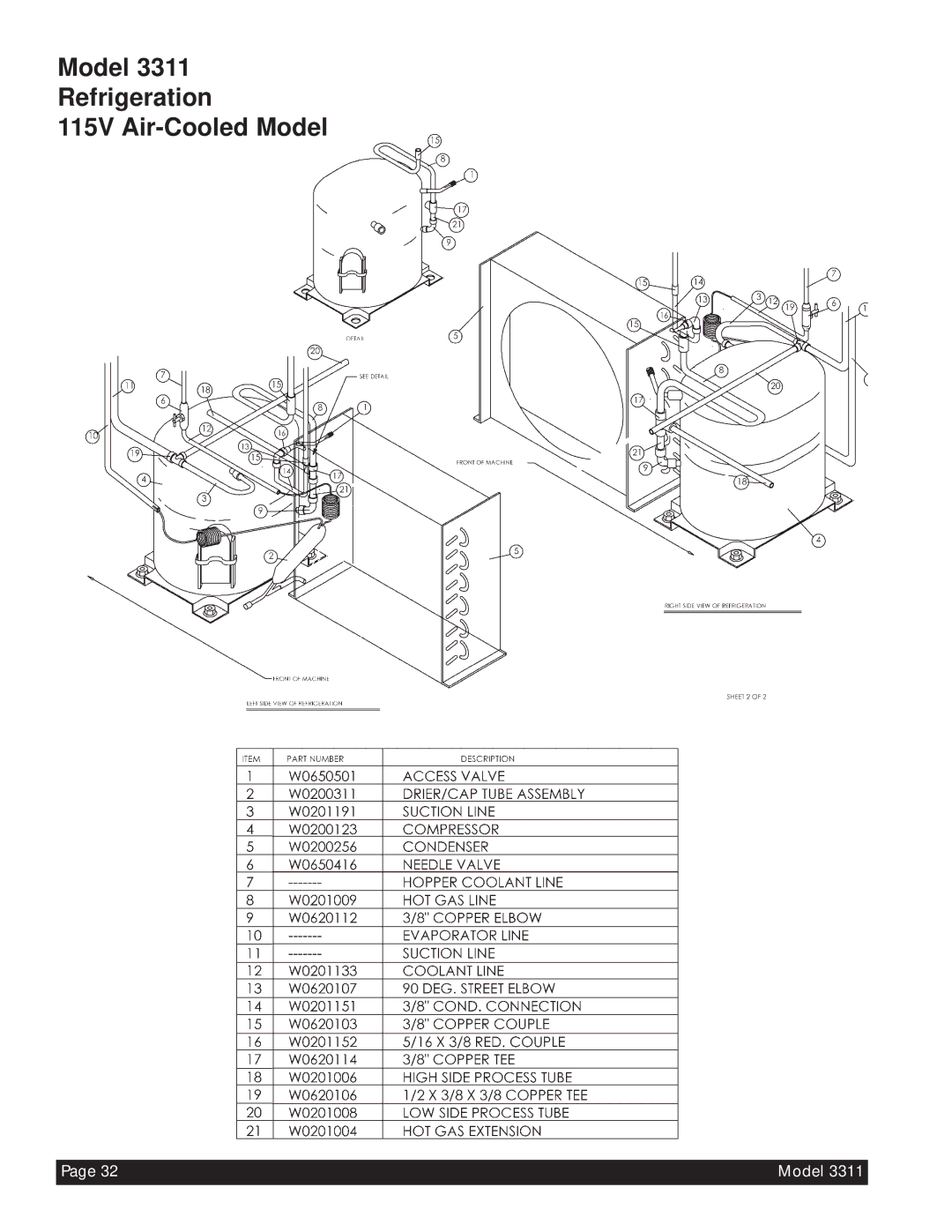 Beverage-Air 3311 manual Model Refrigeration 115V Air-Cooled Model 