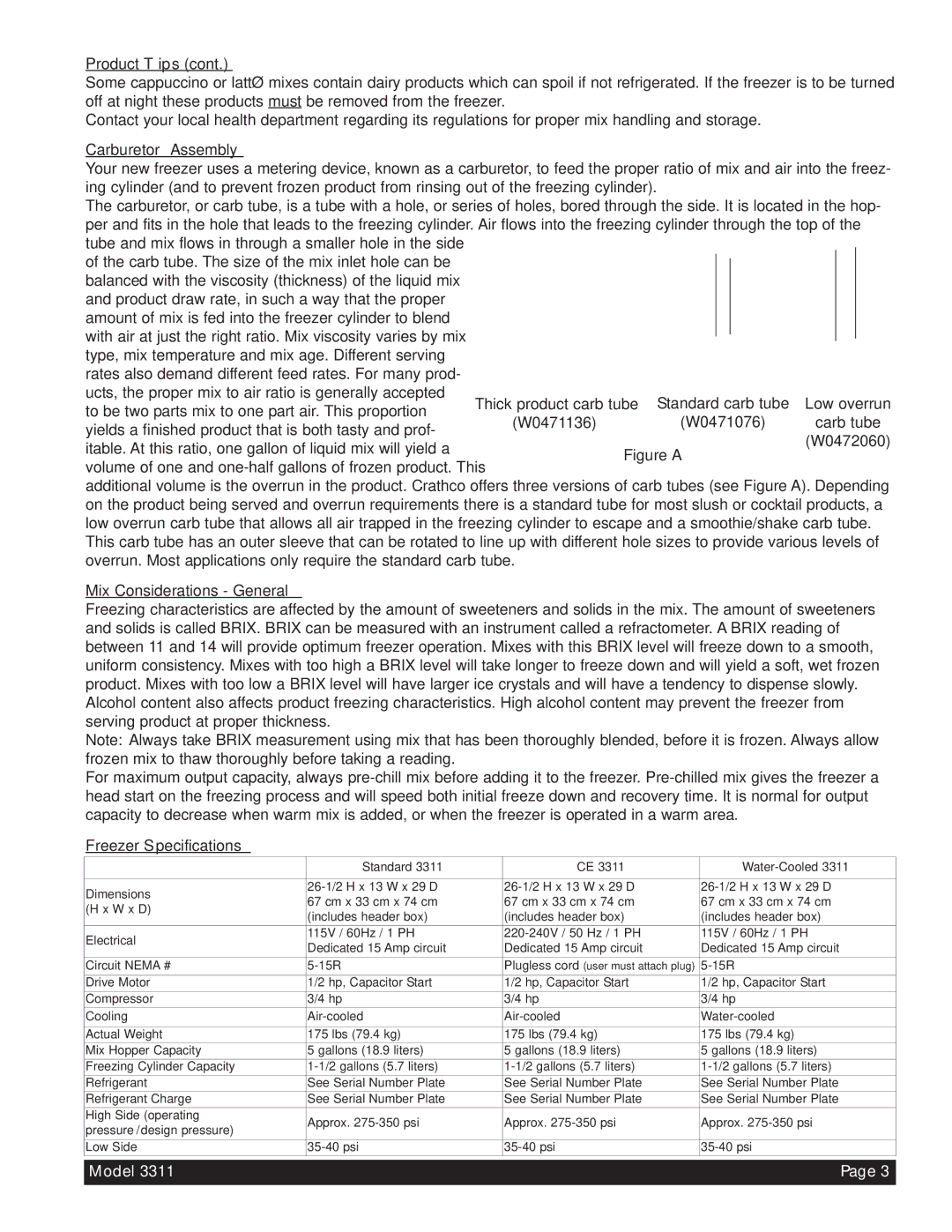 Beverage-Air 3311 manual Carburetor Assembly, Mix Considerations General, Freezer Specifications 