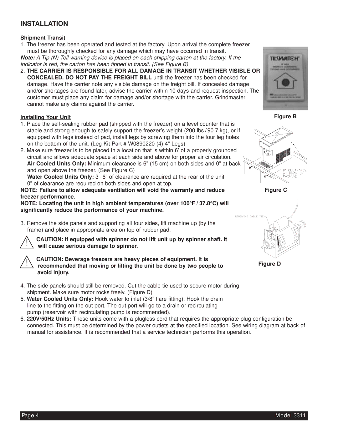 Beverage-Air 3311 manual Installation, Shipment Transit 