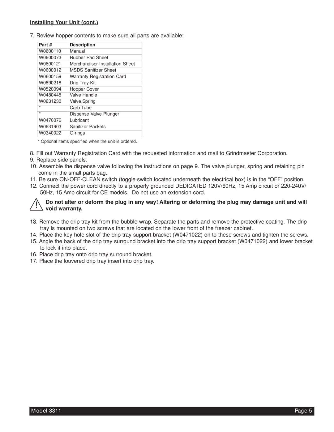 Beverage-Air 3311 manual Review hopper contents to make sure all parts are available 