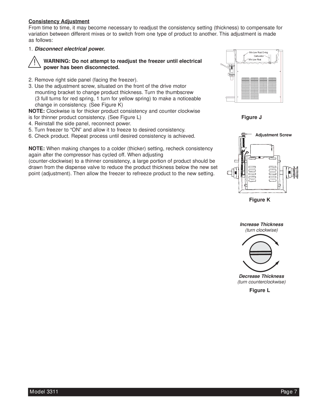 Beverage-Air 3311 manual Consistency Adjustment, Figure J 