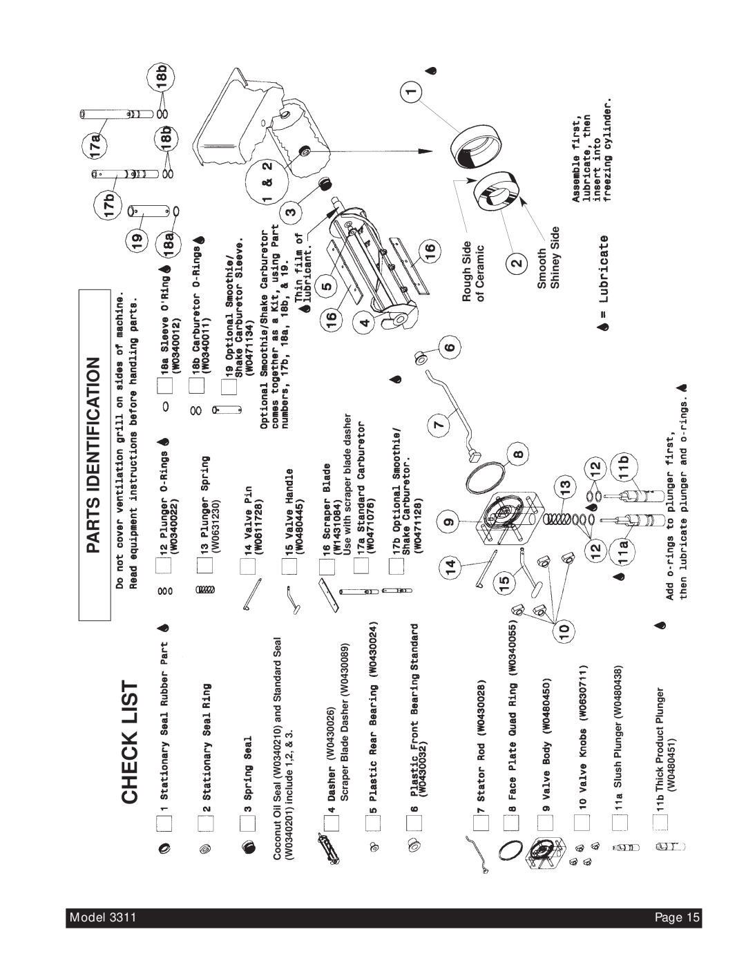 Beverage-Air 3311 Parts Identification, Check List, Model, Rough Side of Ceramic, Smooth Shiney Side, W0480451, Page15 