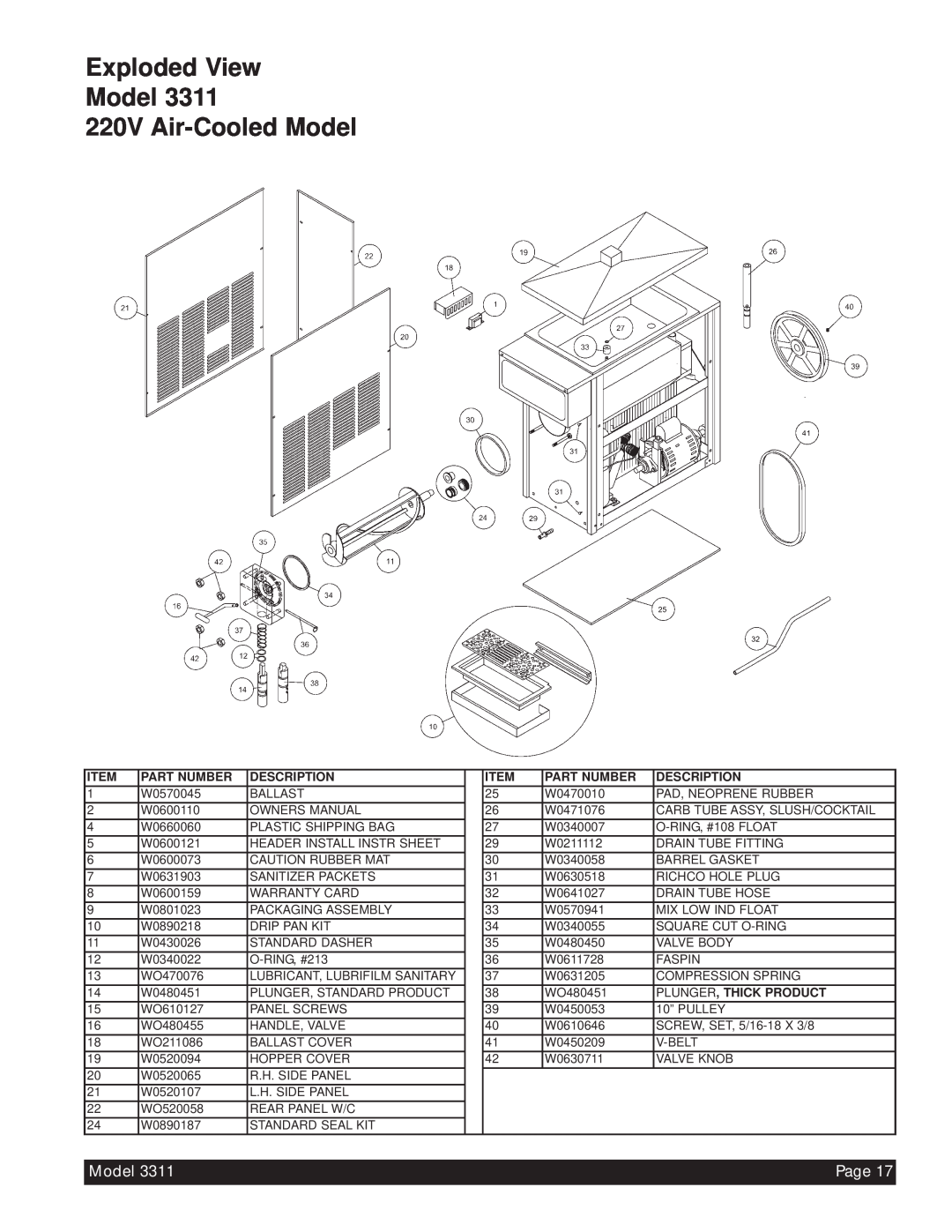 Beverage-Air 3311 Exploded View Model 220V Air-CooledModel, Page, Part Number, Description, Item, Plunger, Thick Product 