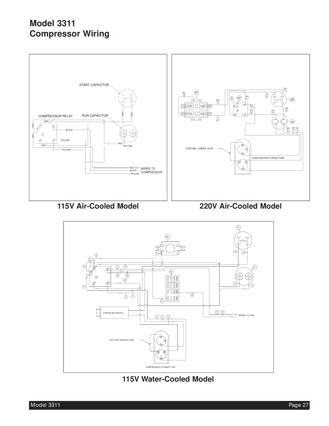 Beverage-Air Model 3311 Compressor Wiring, 115V Air-CooledModel, 115V Water-CooledModel, 220V Air-CooledModel, Page 