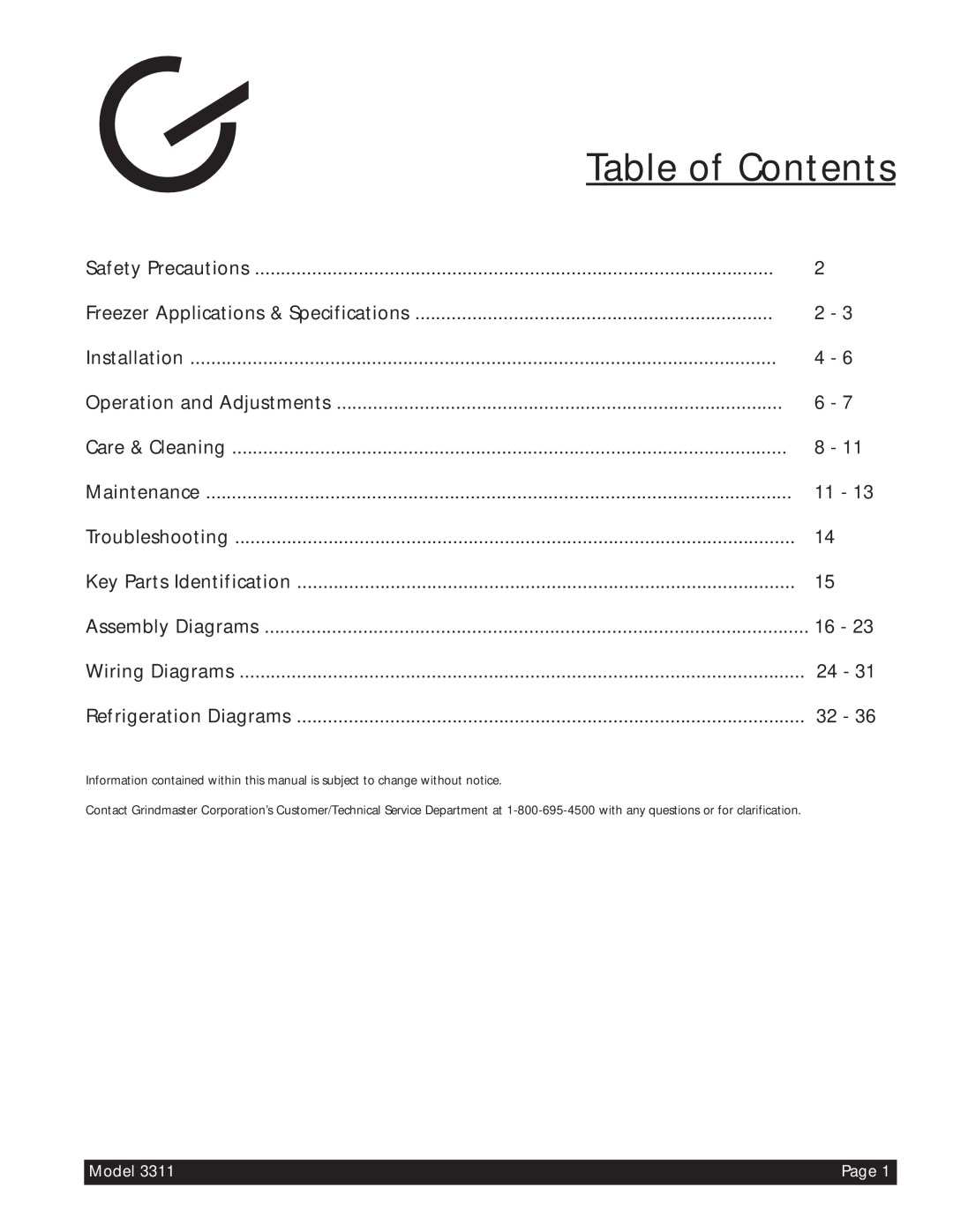 Beverage-Air 3311 manual Table of Contents 