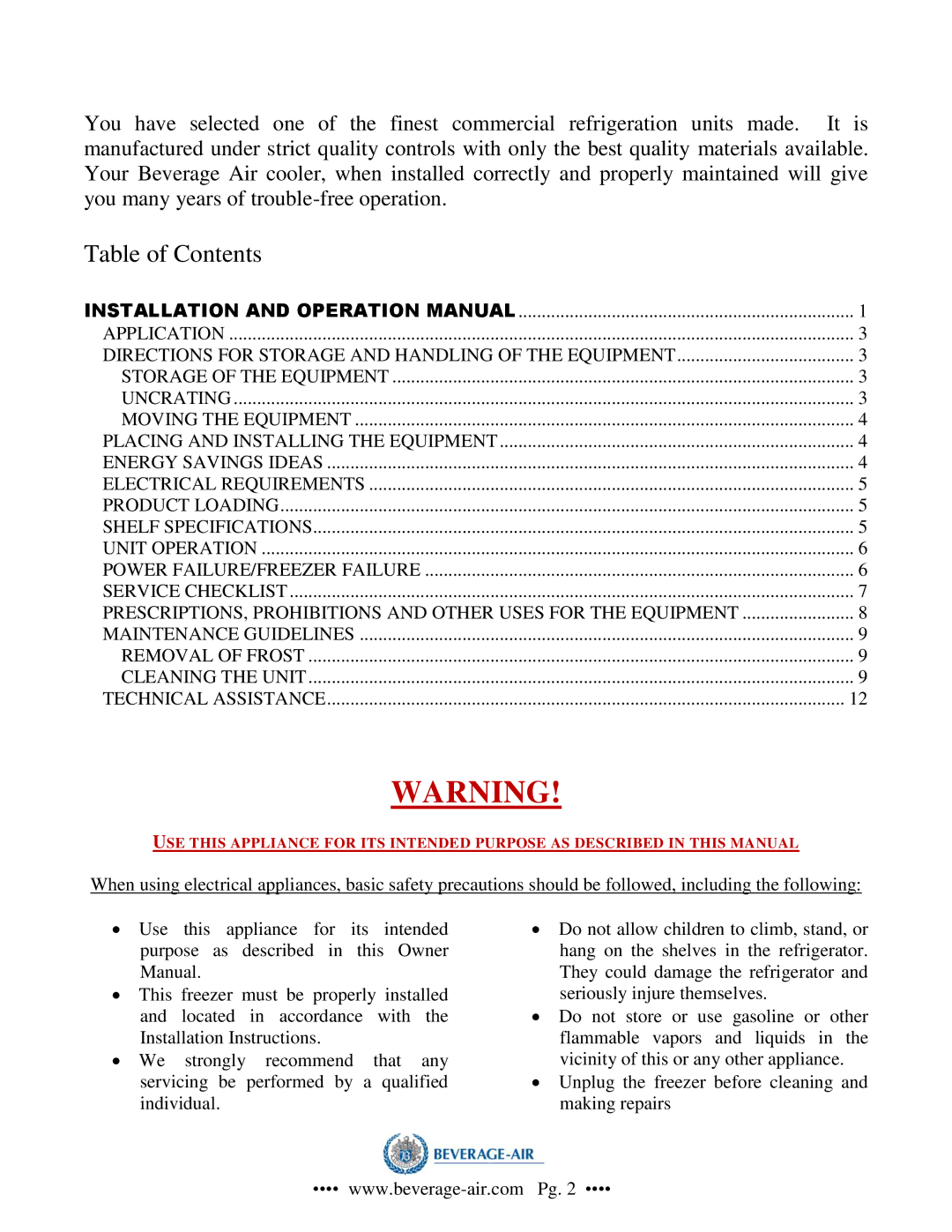 Beverage-Air CF-3 operation manual Table of Contents 