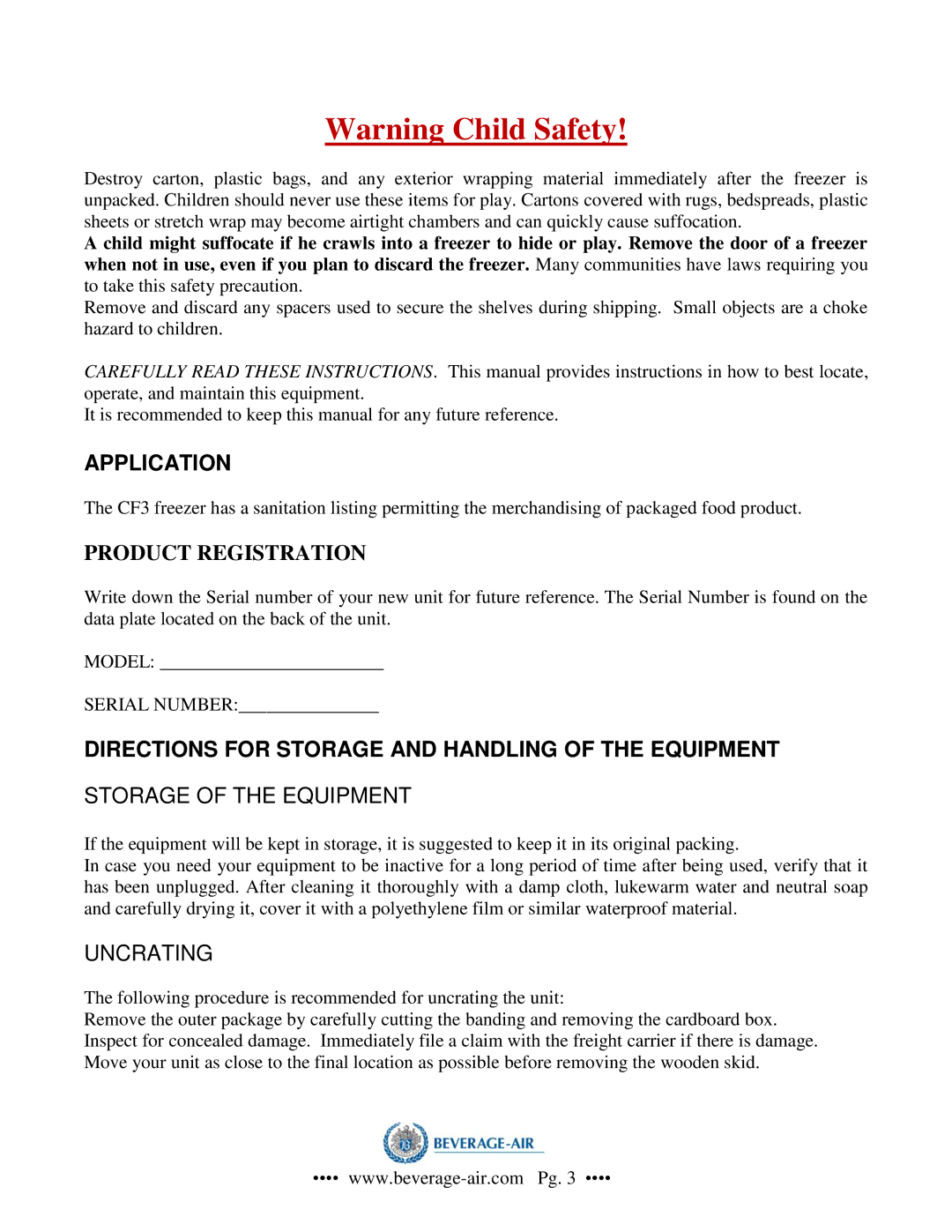 Beverage-Air CF-3 Application, Directions for Storage and Handling of the Equipment, Storage of the Equipment, Uncrating 