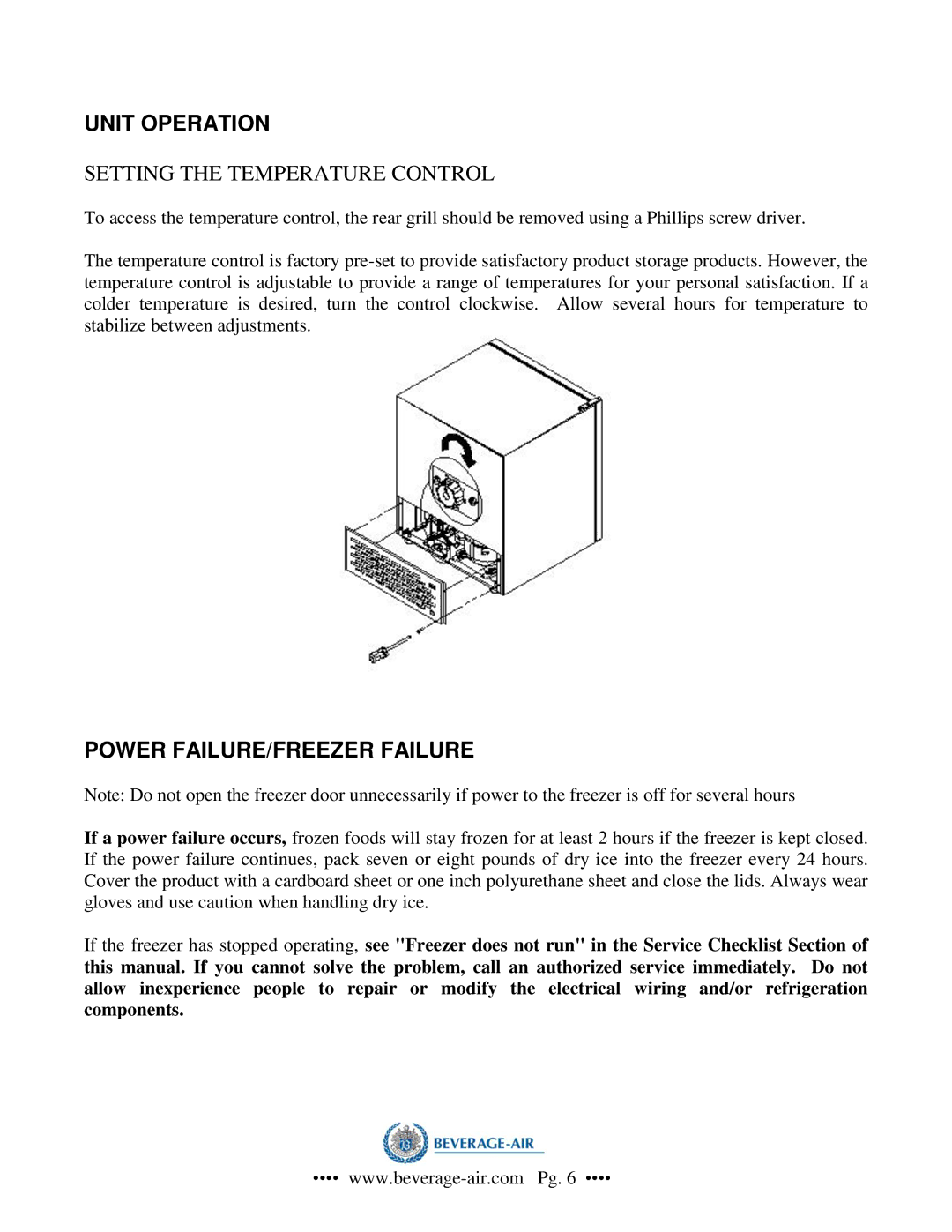 Beverage-Air CF-3 operation manual Unit Operation, Power FAILURE/FREEZER Failure 