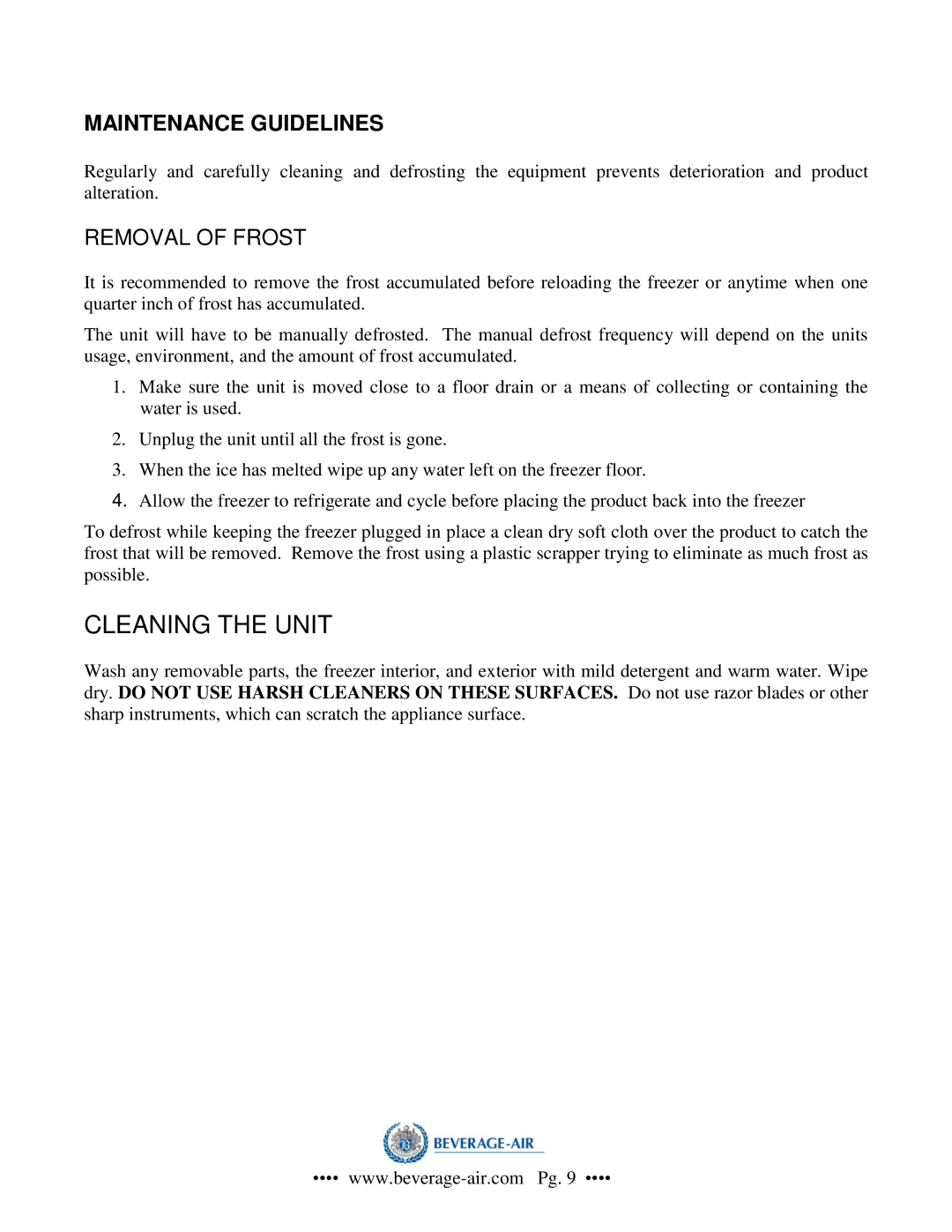 Beverage-Air CF-3 operation manual Maintenance Guidelines, Removal of Frost 