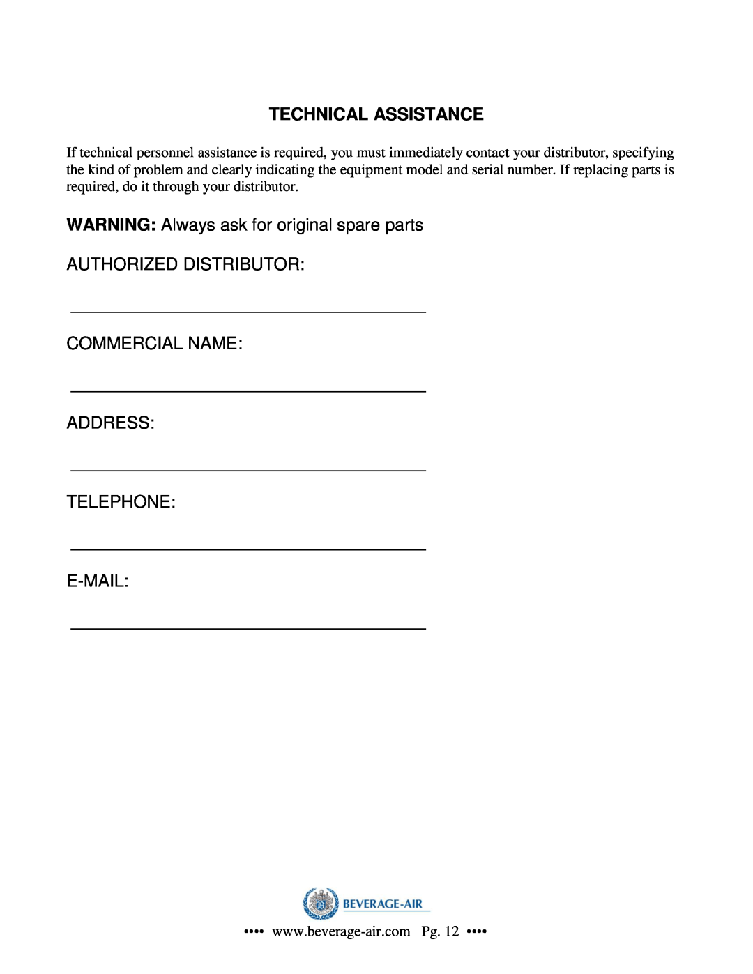 Beverage-Air CF-3 operation manual Technical Assistance 