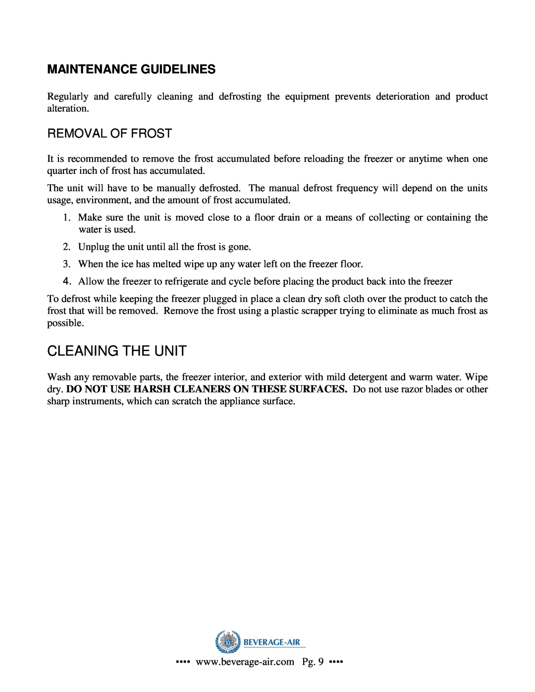 Beverage-Air CF-3 operation manual Maintenance Guidelines, Cleaning The Unit 