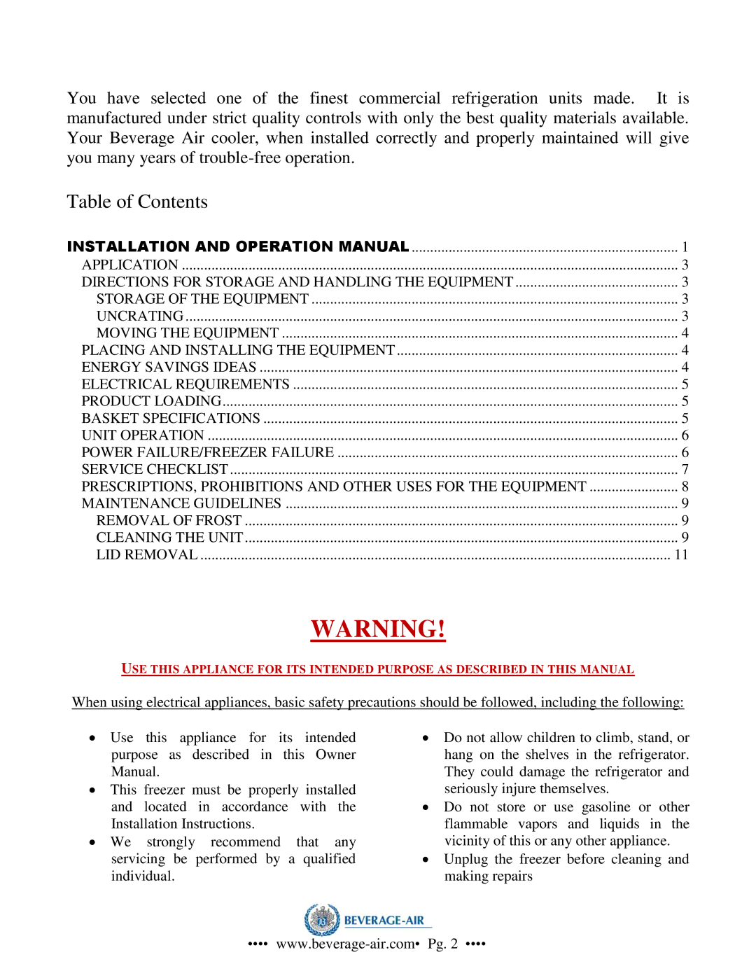 Beverage-Air NC49, NC33, NC41, NC27 operation manual Table of Contents 