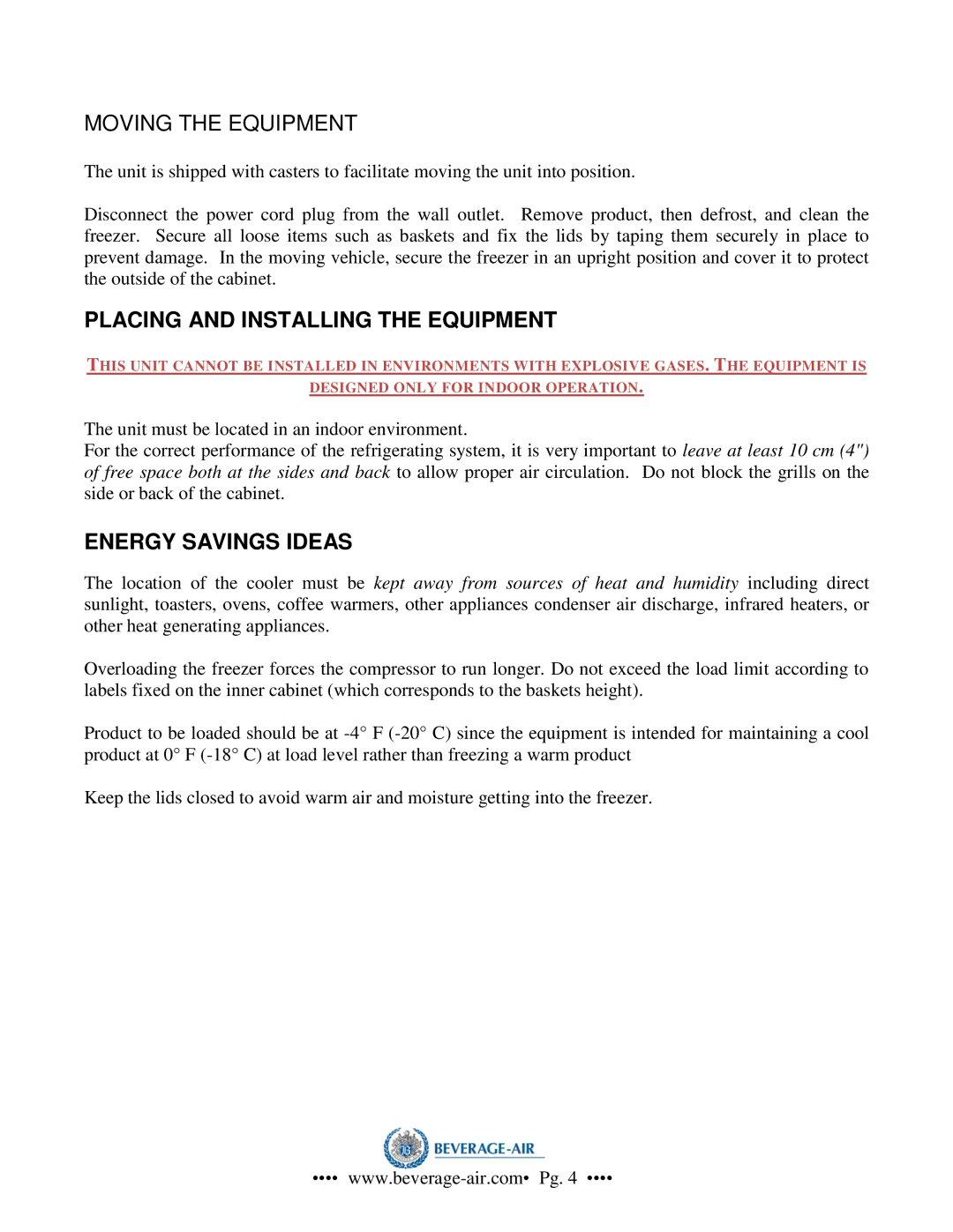 Beverage-Air NC33, NC41, NC49, NC27 Moving the Equipment, Placing and Installing the Equipment, Energy Savings Ideas 