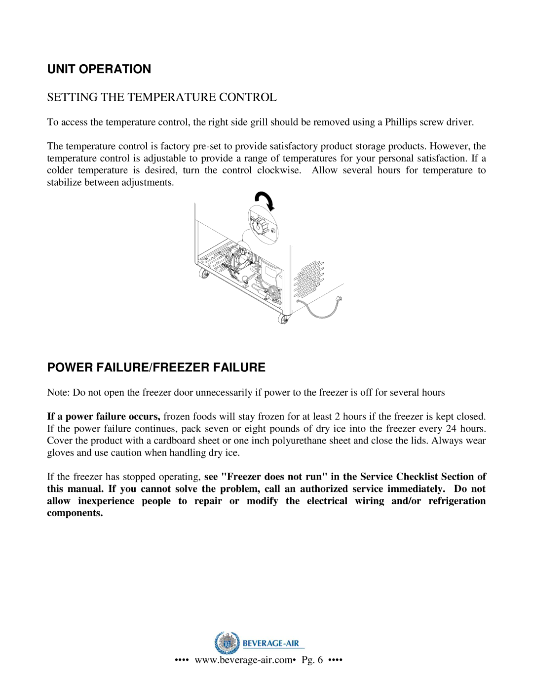 Beverage-Air NC49, NC33, NC41, NC27 operation manual Unit Operation, Power FAILURE/FREEZER Failure 