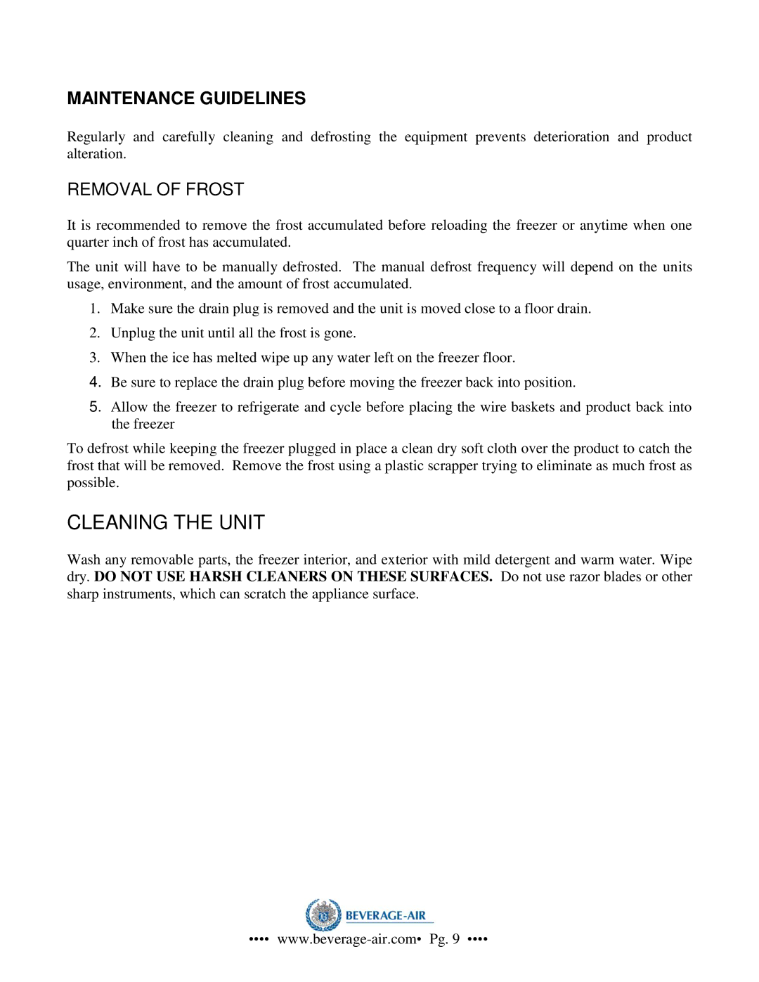 Beverage-Air NC41, NC33, NC49, NC27 operation manual Maintenance Guidelines, Removal of Frost 