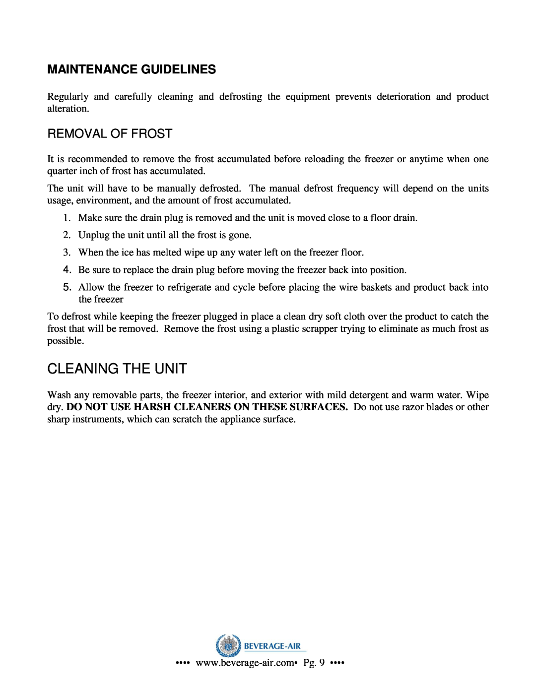 Beverage-Air NC41, NC33, NC49, NC27 operation manual Cleaning The Unit, Maintenance Guidelines 