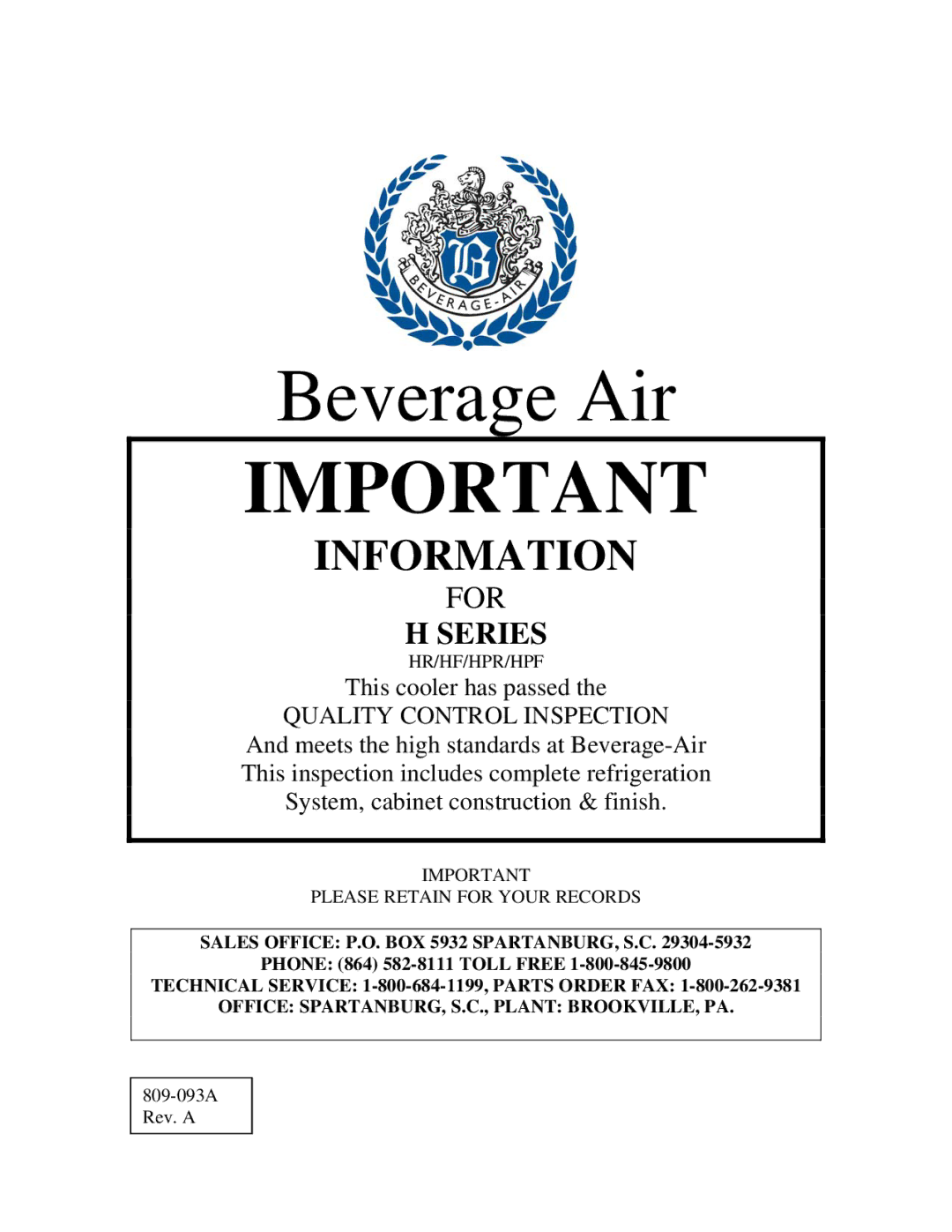 Beverage-Air Refrigerator manual Beverage Air, 809-093A Rev. a 