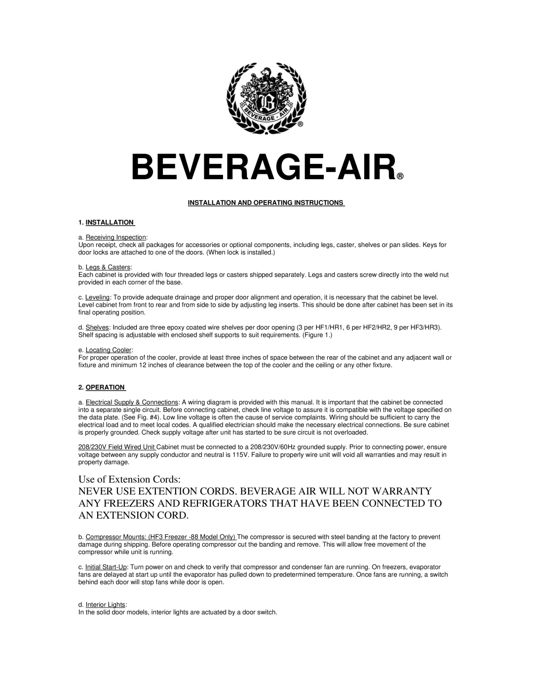 Beverage-Air Refrigerator manual Beverage-Air, Use of Extension Cords 