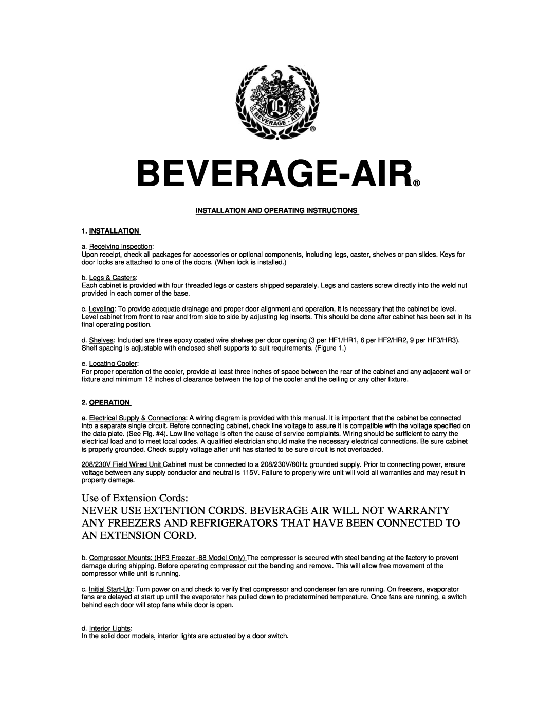 Beverage-Air Refrigerator manual Use of Extension Cords, Beverage-Air, Installation And Operating Instructions, Operation 