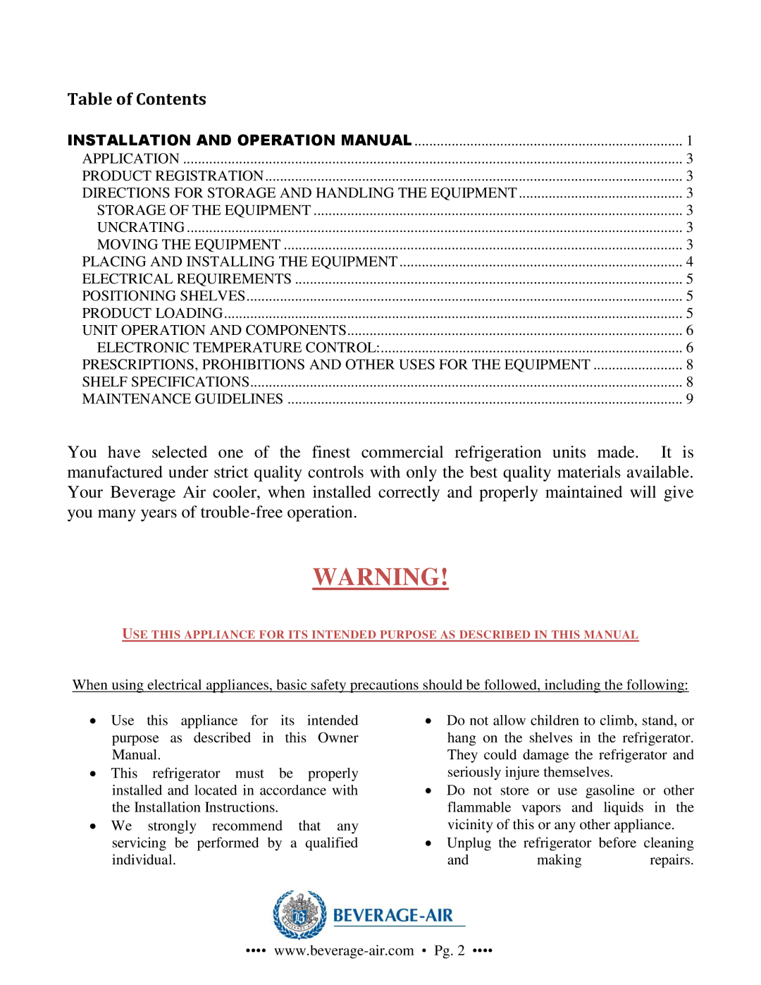 Beverage-Air VM7, VM2, VM18, VM12 operation manual Table of Contents 