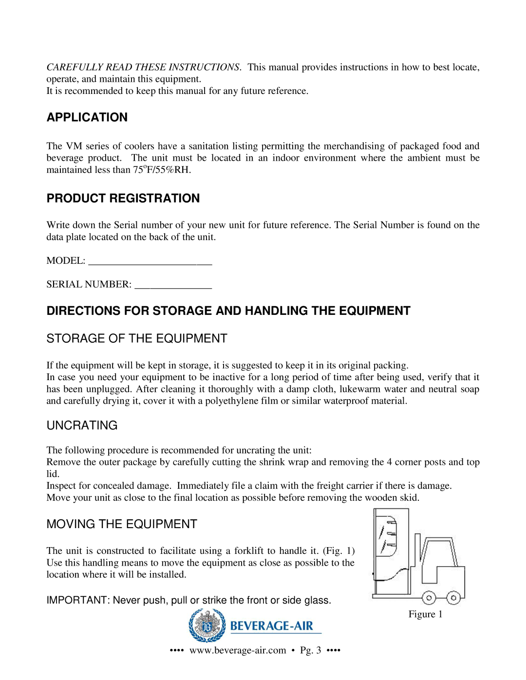 Beverage-Air VM12, VM2, VM18, VM7 Application, Product Registration, Directions for Storage and Handling the Equipment 