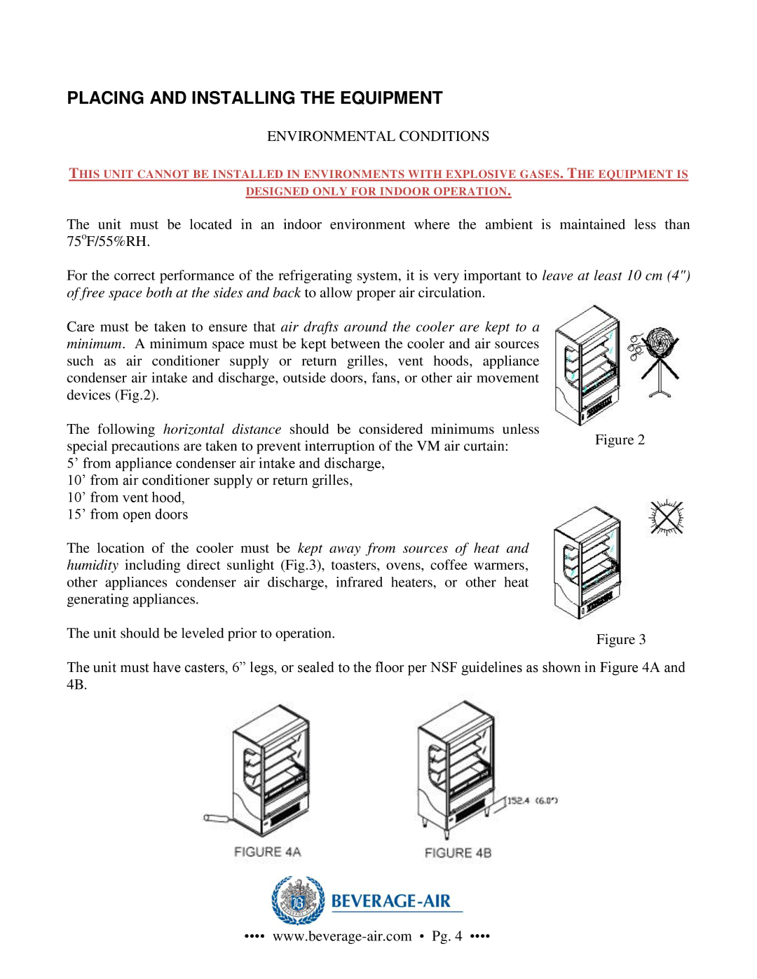 Beverage-Air VM2, VM18, VM7, VM12 operation manual Placing and Installing the Equipment, Environmental Conditions 