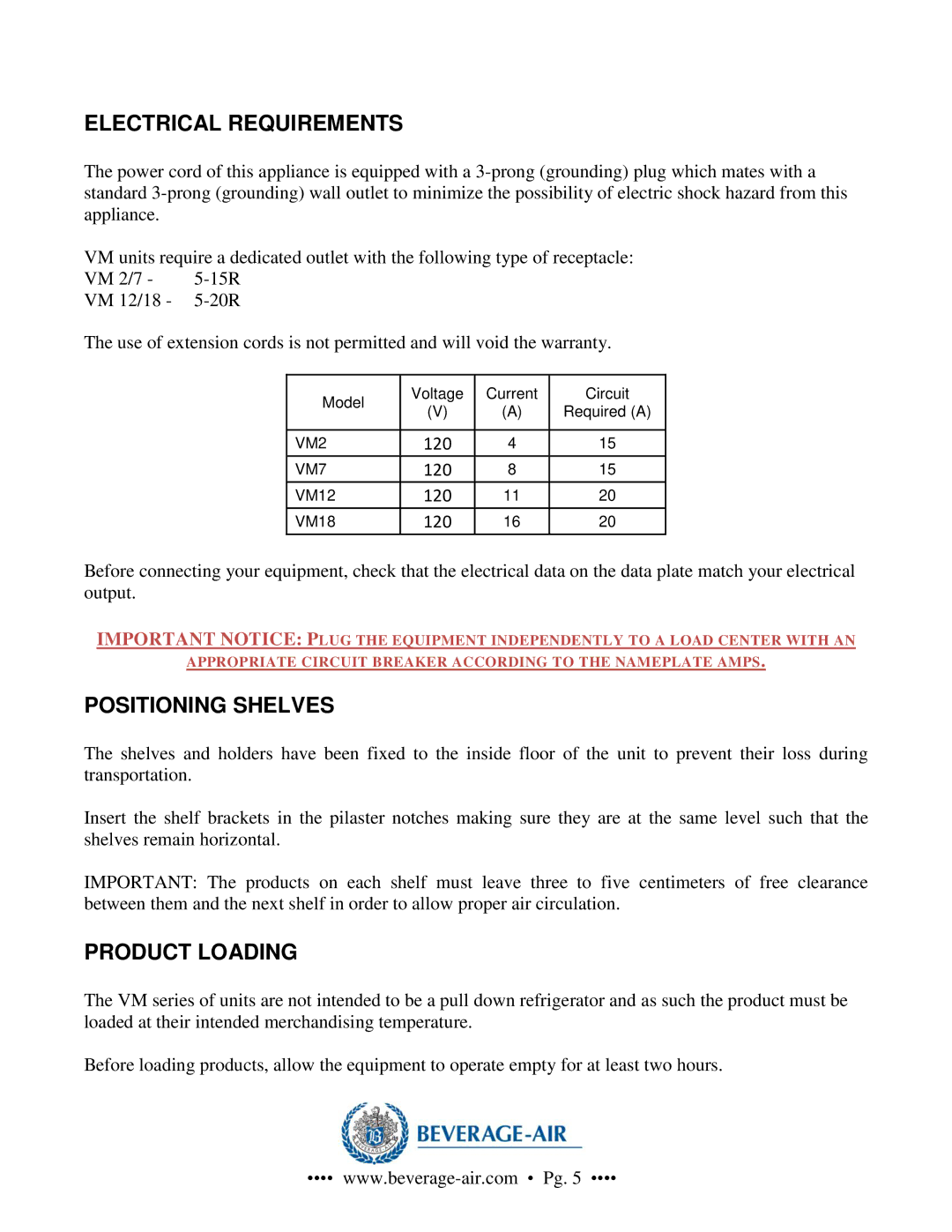 Beverage-Air VM18, VM2, VM7, VM12 operation manual Electrical Requirements, Positioning Shelves, Product Loading 