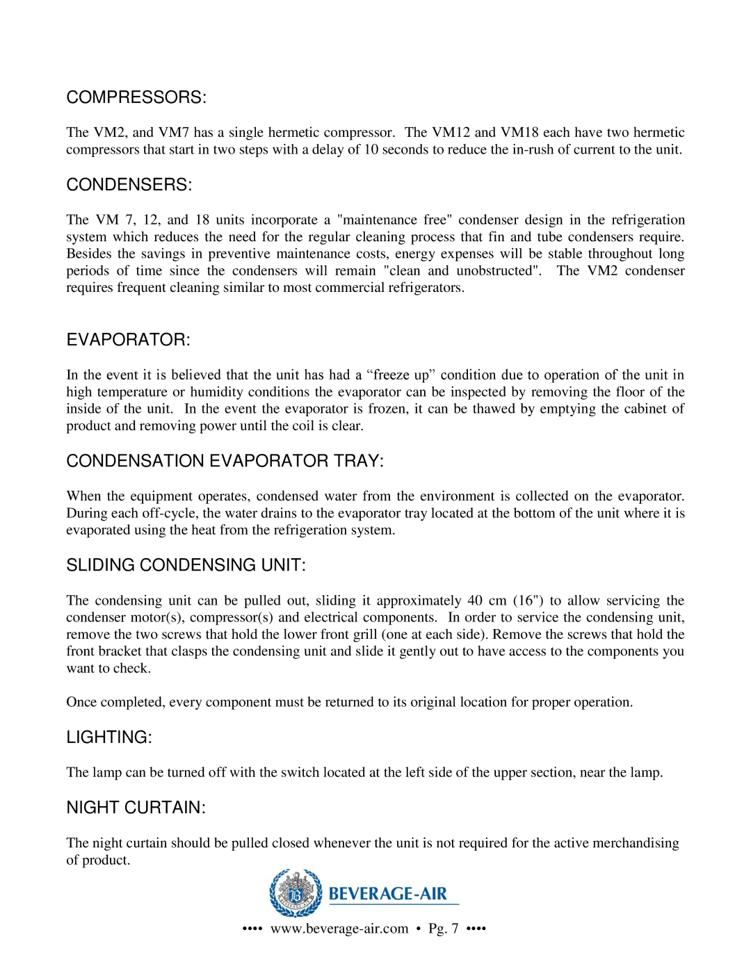 Beverage-Air VM12, VM2, VM18 Compressors, Condensers, Condensation Evaporator Tray, Sliding Condensing Unit, Lighting 