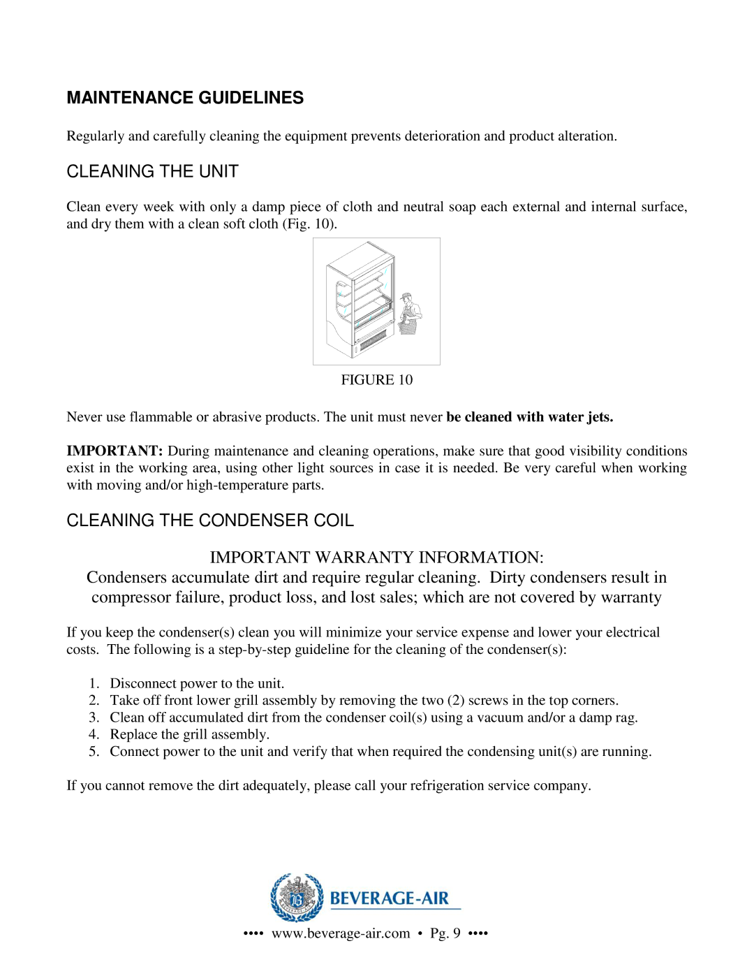 Beverage-Air VM18, VM2, VM7, VM12 operation manual Maintenance Guidelines, Cleaning the Unit, Cleaning the Condenser Coil 