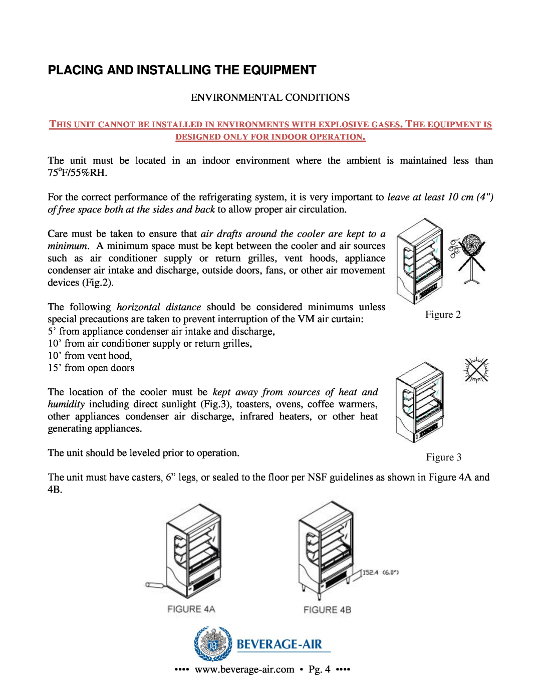 Beverage-Air VM2, VM18, VM7, VM12 operation manual Placing And Installing The Equipment 