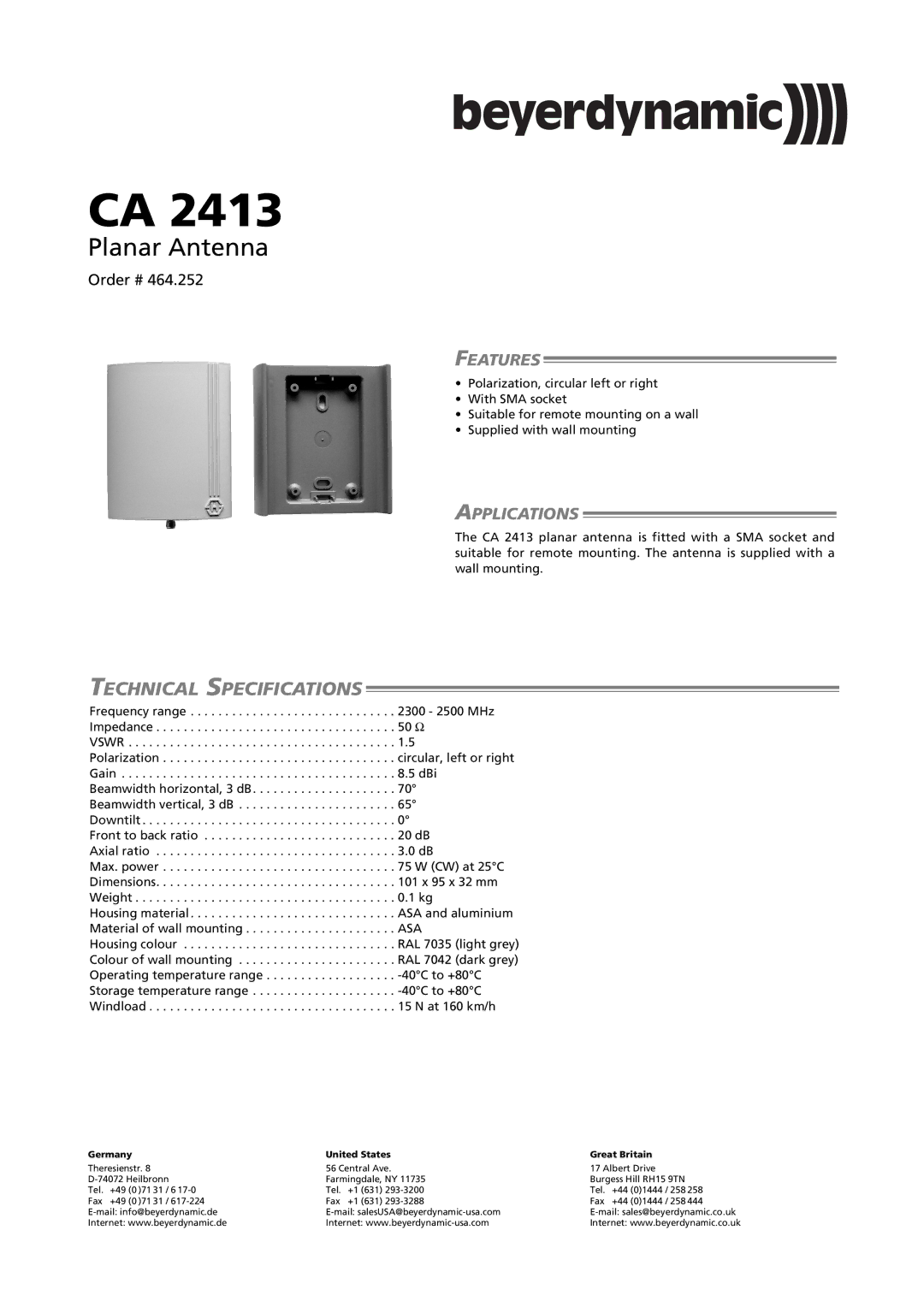 Beyerdynamic CA 2413 technical specifications Planar Antenna, Technical Specifications, Features, Applications, Asa 