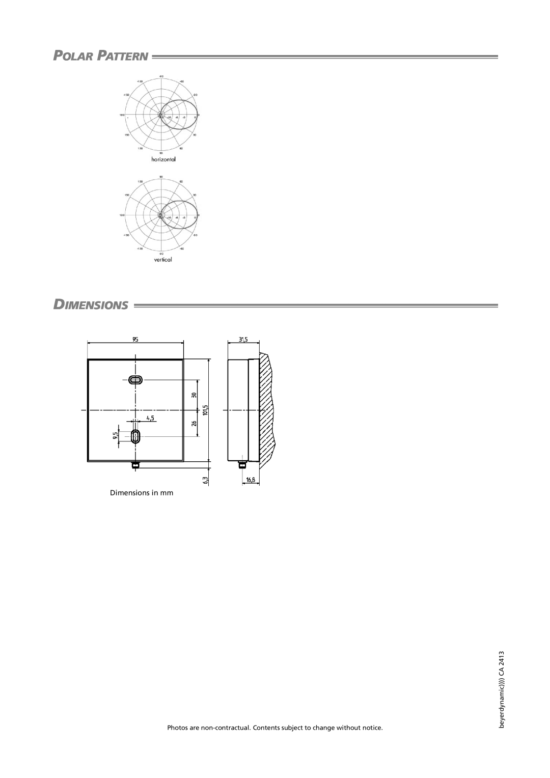 Beyerdynamic CA 2413 technical specifications Polar Pattern Dimensions, Dimensions in mm, beyerdynamic CA 
