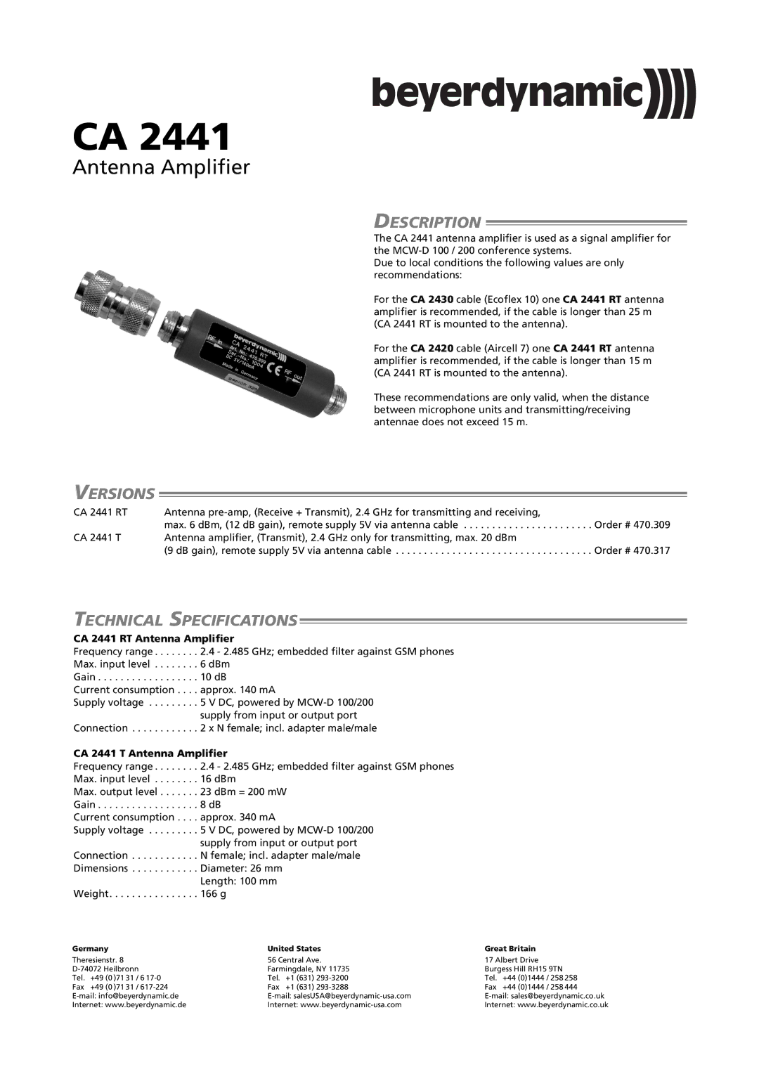 Beyerdynamic CA 2441 technical specifications Antenna Amplifier, Description, Versions, Technical Specifications 