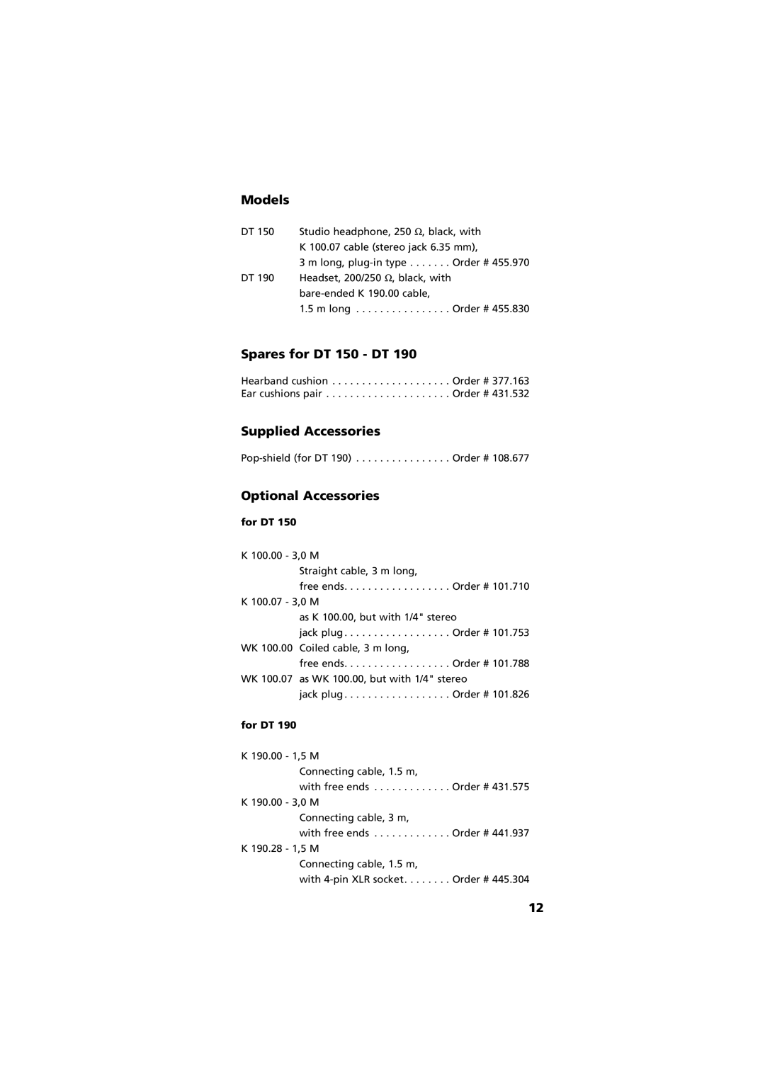 Beyerdynamic manual Models, Spares for DT 150 DT, Supplied Accessories 