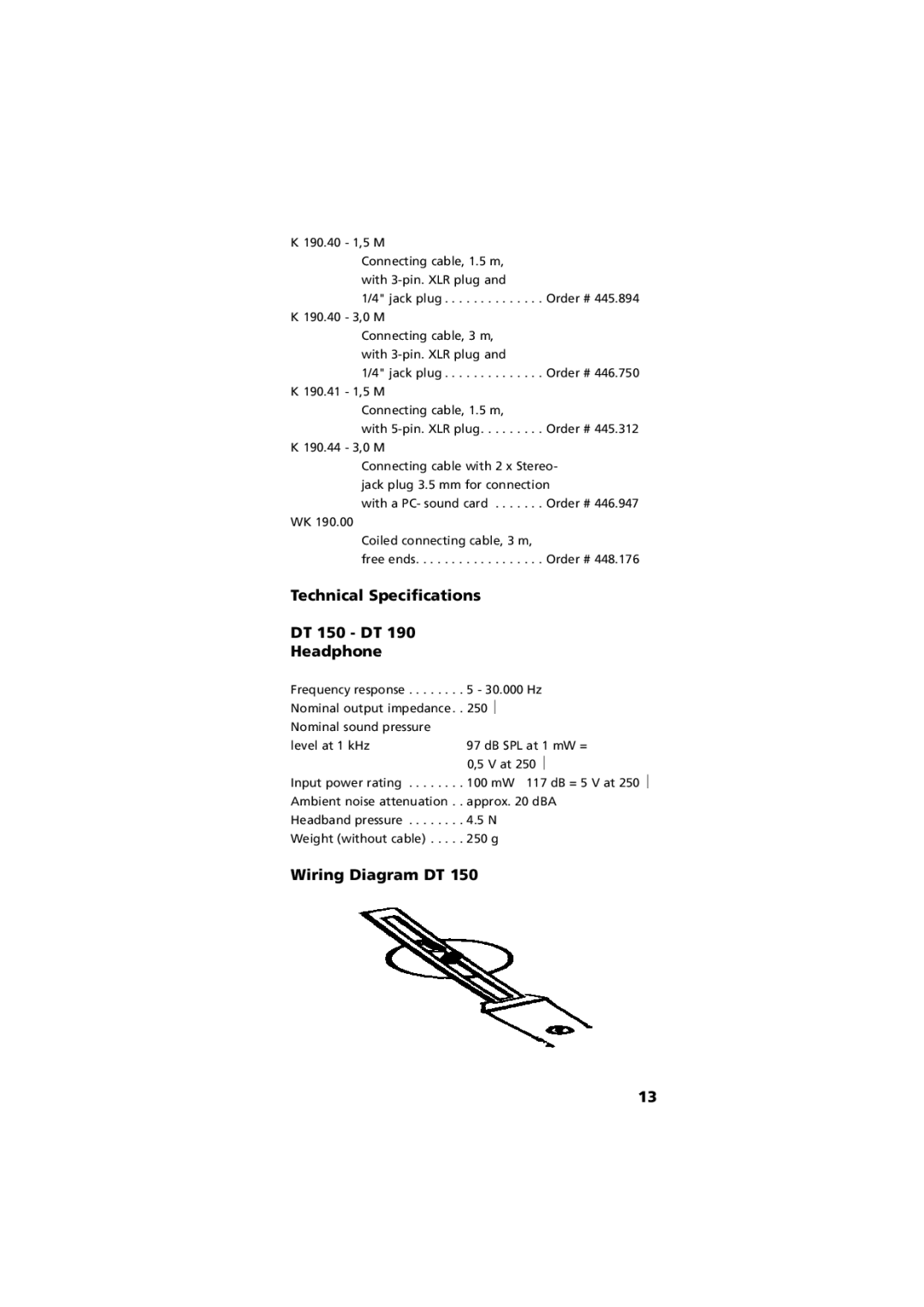 Beyerdynamic manual Technical Specifications DT 150 DT Headphone, Wiring Diagram DT 