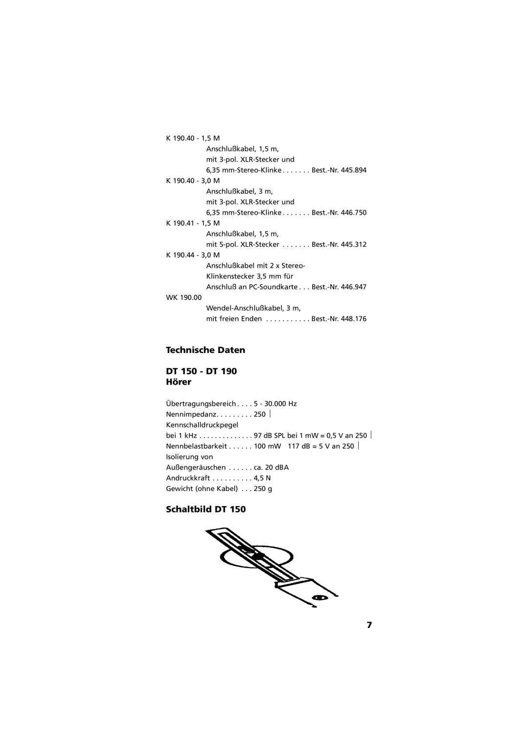 Beyerdynamic manual Technische Daten DT 150 DT Hörer, Schaltbild DT 