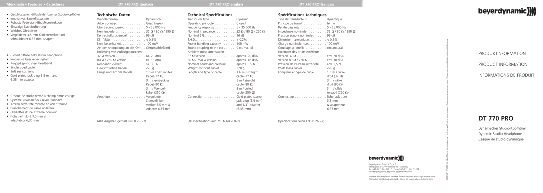 Beyerdynamic DT770 pro manual Merkmale Features Caractères, DT 770 PRO deutschDT 770 PRO englishDT 770 PRO français 