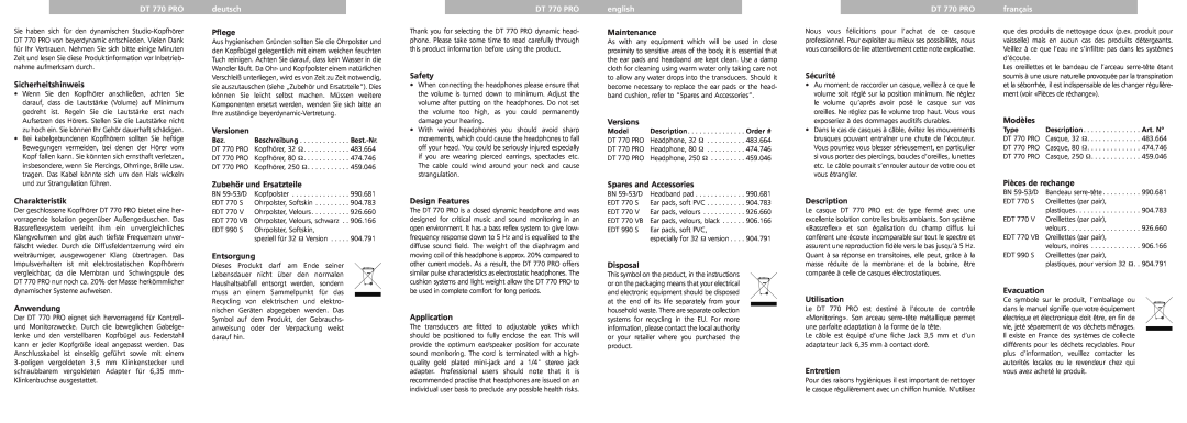 Beyerdynamic DT770 pro manual DT 770 PRO, deutsch, english, français 