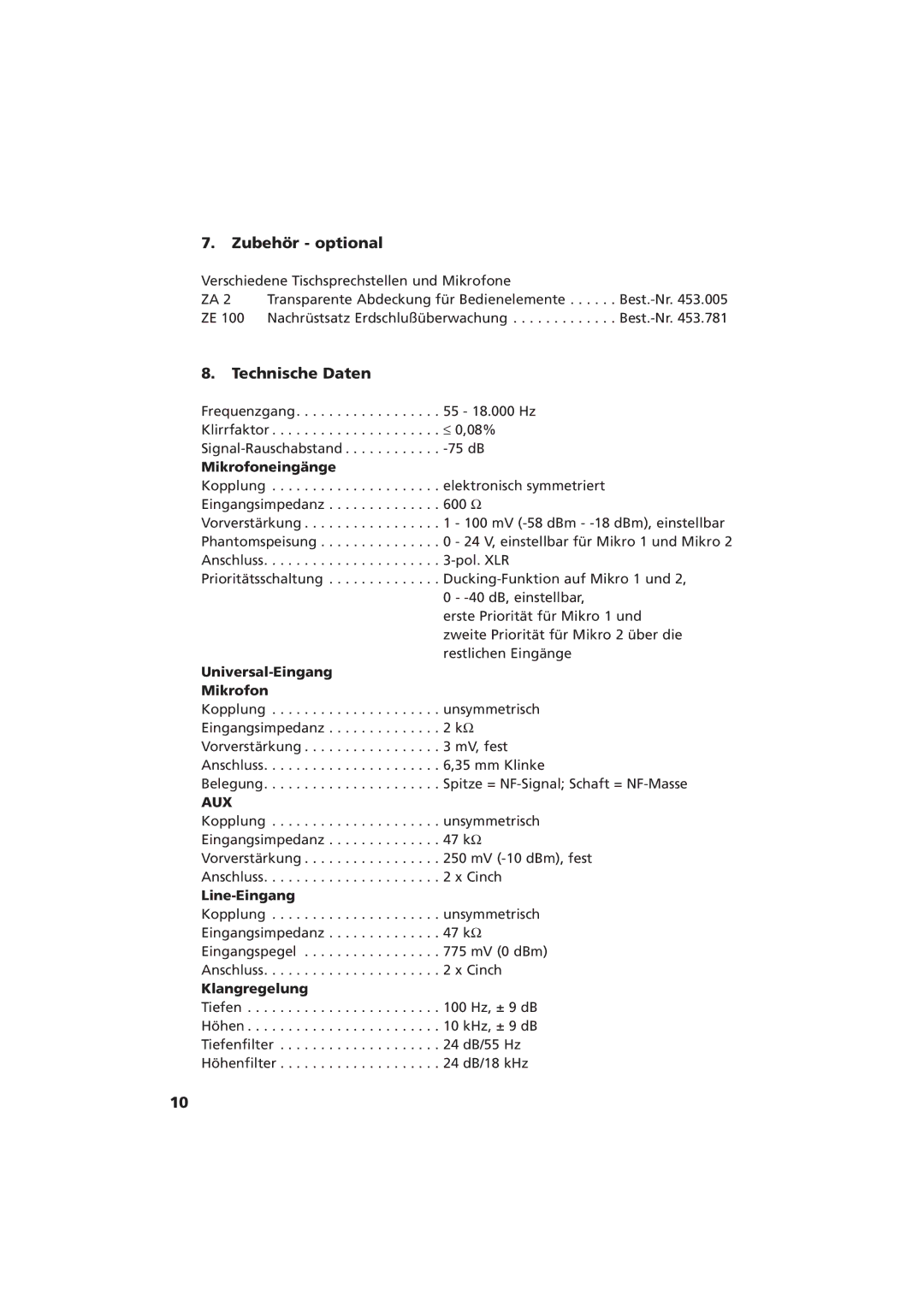 Beyerdynamic MA 212, MA 206 manual Zubehör optional, Technische Daten 