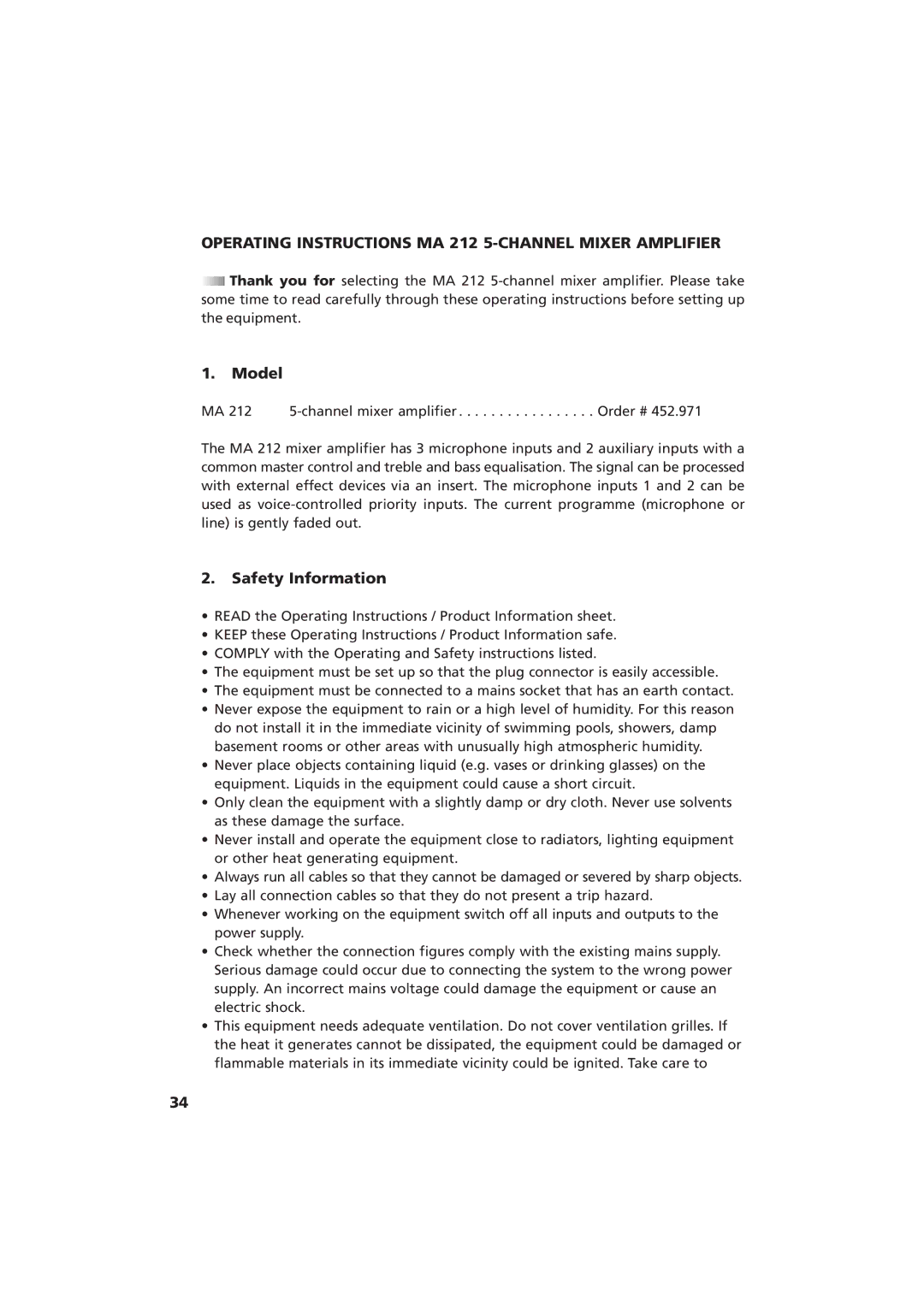 Beyerdynamic MA 206 manual Operating Instructions MA 212 5-CHANNEL Mixer Amplifier 