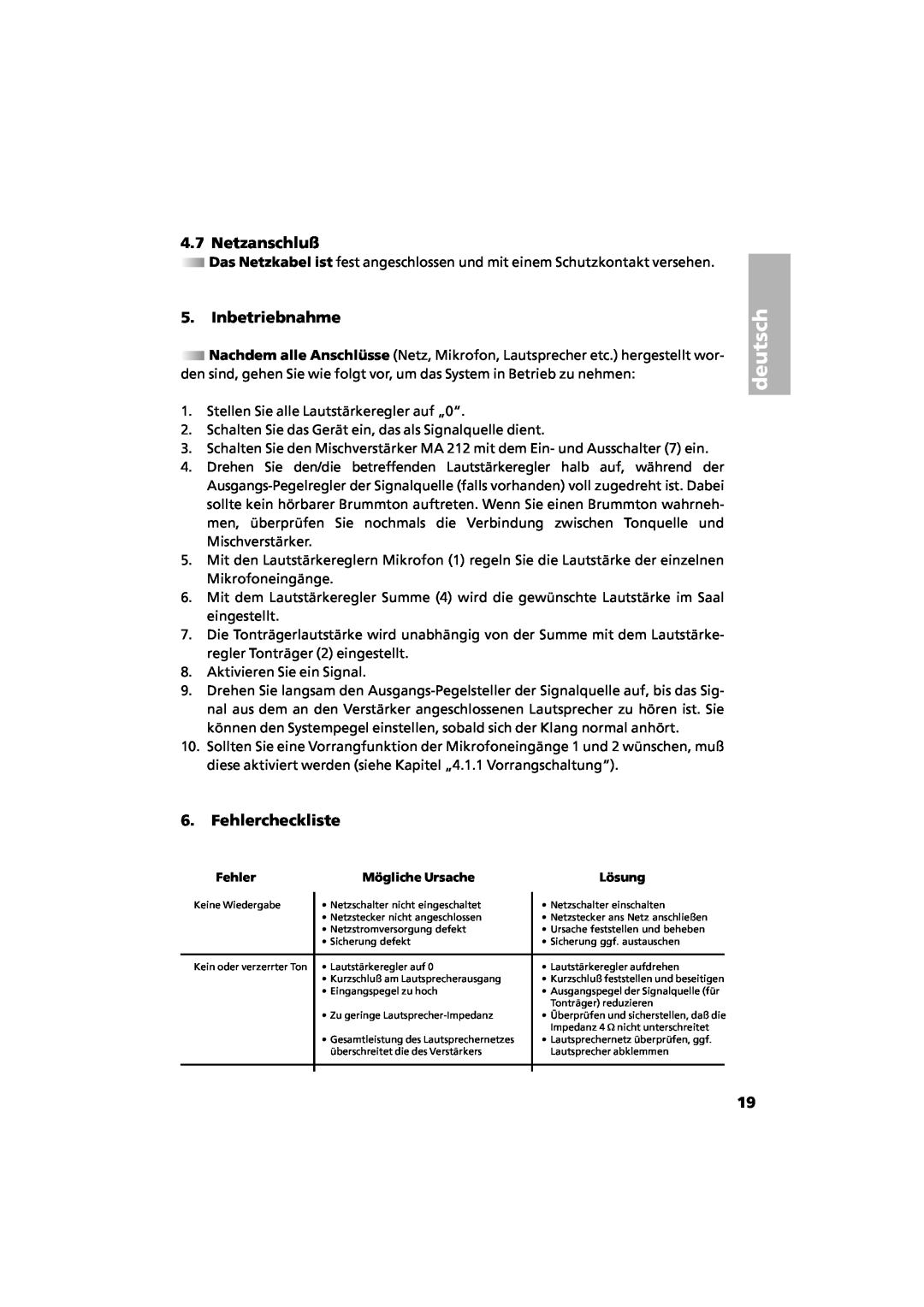 Beyerdynamic MA 206, MA 212 manual Netzanschluß, deutsch, Inbetriebnahme, Fehlercheckliste 