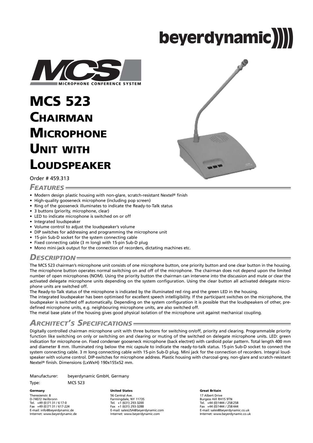 Beyerdynamic MCS 523 specifications Features, Description, ARCHITECT’S Specifications 