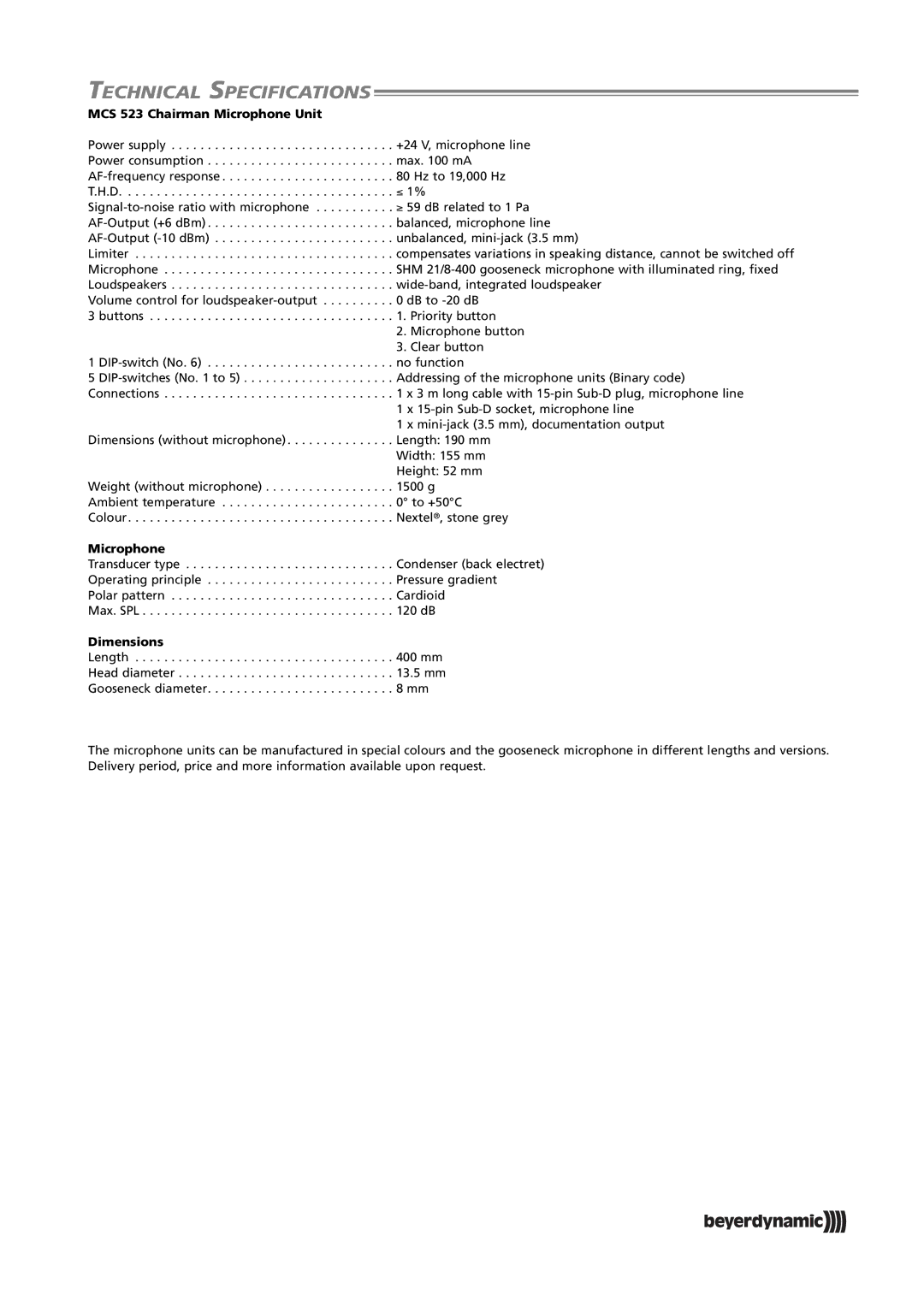 Beyerdynamic specifications Technical Specifications, MCS 523 Chairman Microphone Unit, Dimensions 