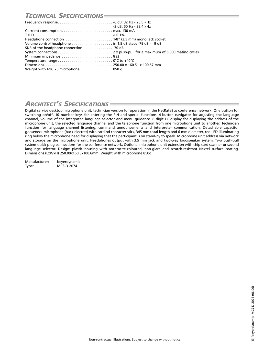 Beyerdynamic MCS-D 2074 manual Technical Specifications, ARCHITECT’S Specifications 