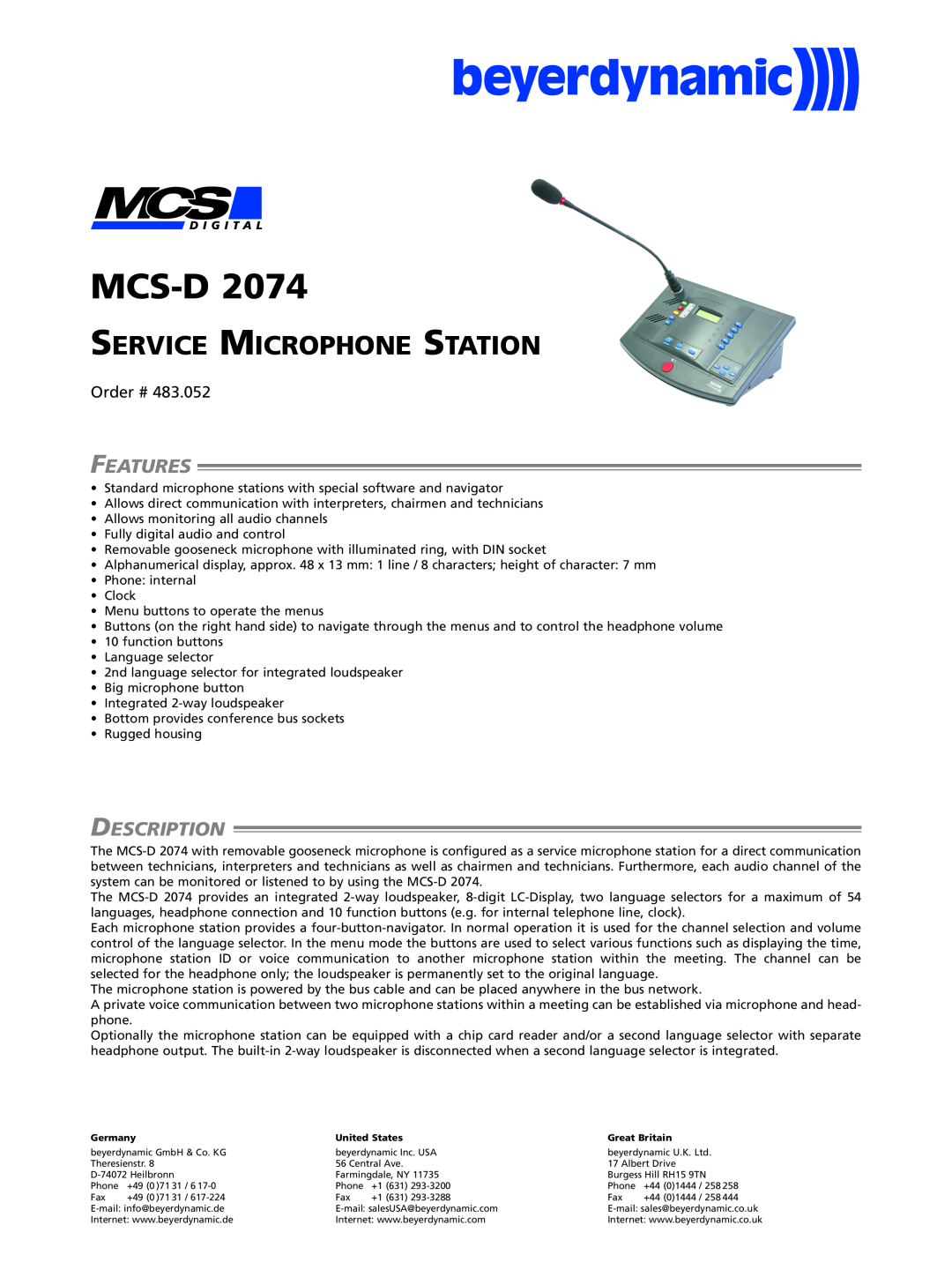 Beyerdynamic MCS-D 2074 manual Features, Description, Mcs-D, Service Microphone Station, Order # 